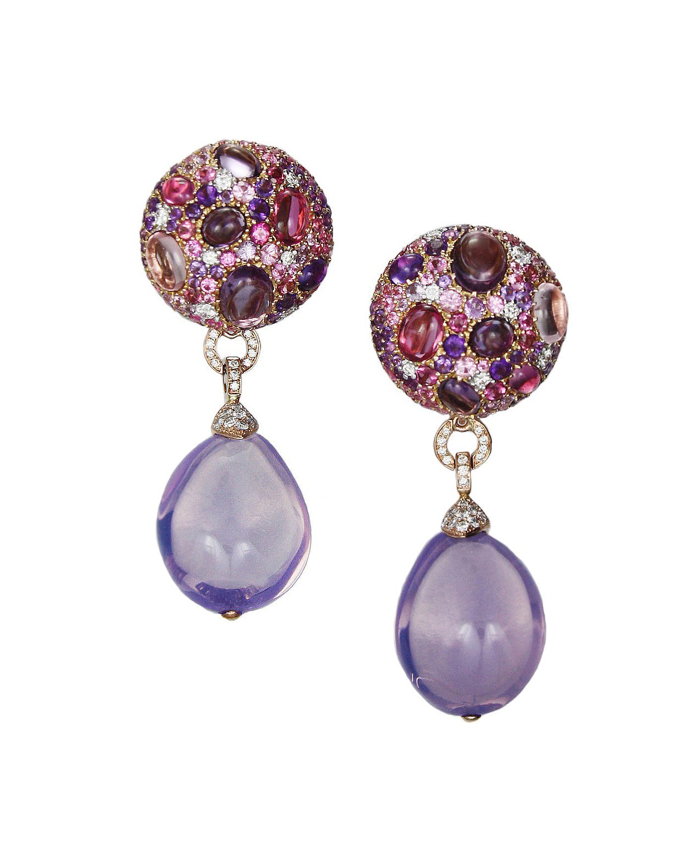 Purple moonstone cookie drop earrings enhanced with a myriad of gemstones and diamonds, crafted in 18 karat rose and white gold