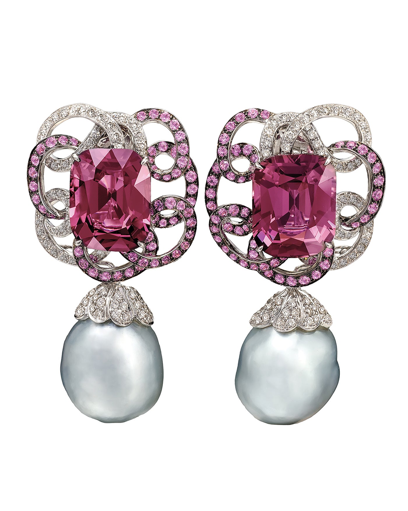 Purple and Pink Spinel Swirl Earrings with South Sea pearl drops enhanced by diamonds and pink sapphires, crafted in 18 karat white gold