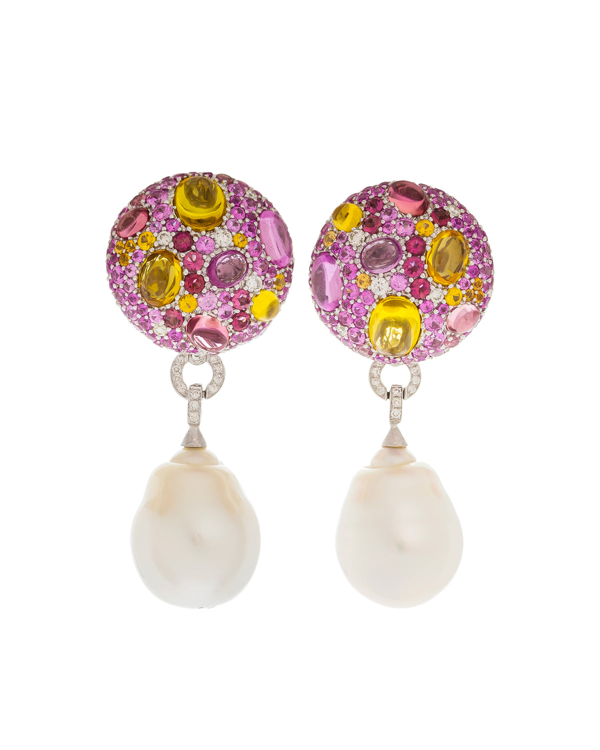 Cookie Pink and Yellow Sapphire With Pearl Drop Earrings