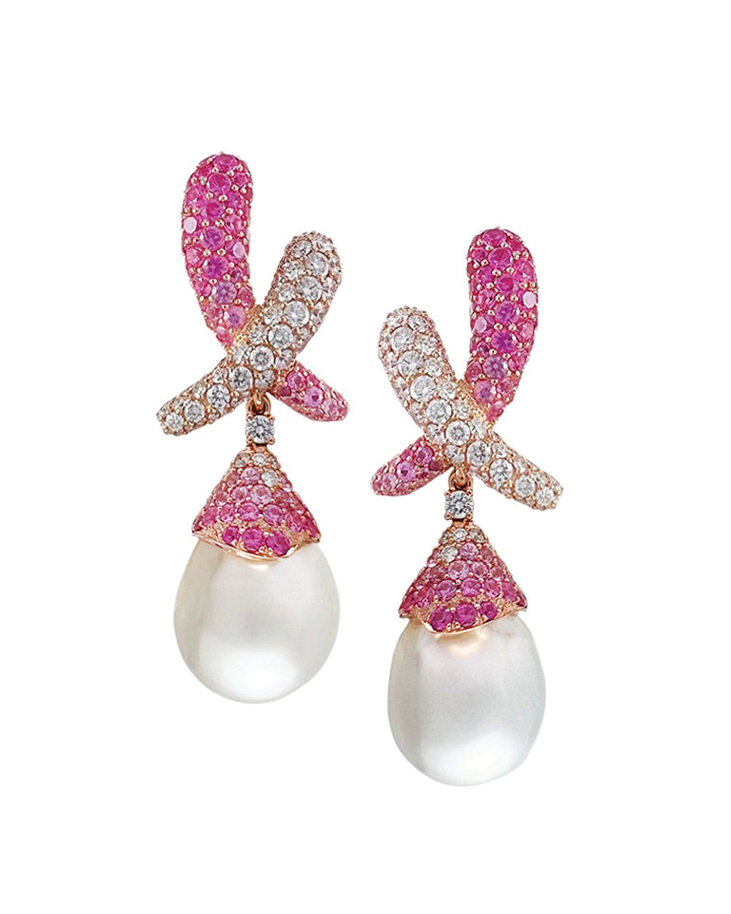 Kiss Pink Sapphire, Diamond with Pearl Drop Earrings