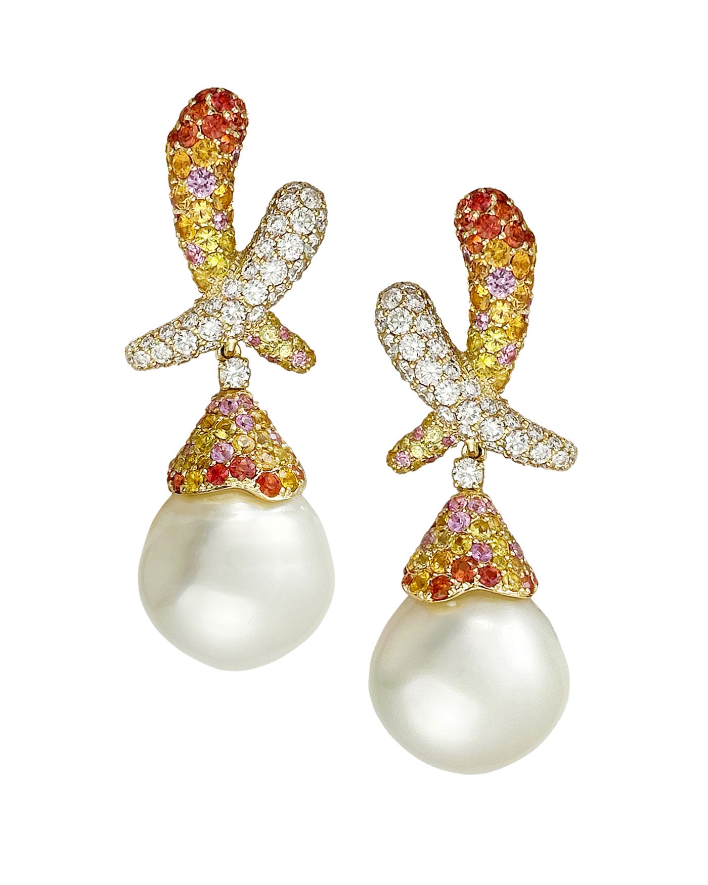 Kiss Orange, Yellow Sapphire and Diamonds with Pearl Drop Earrings