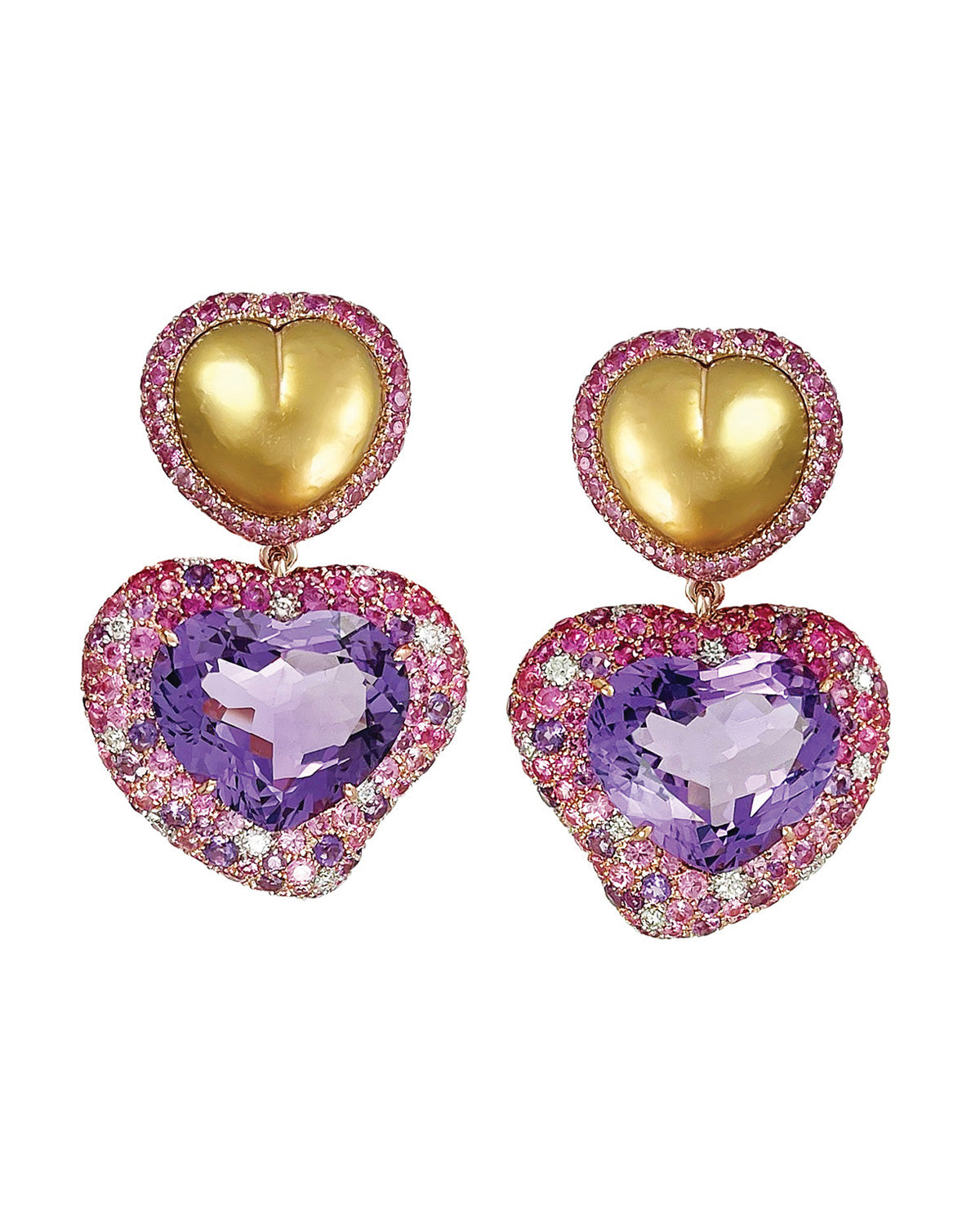 Golden Pearl and Amethyst Heart Earrings