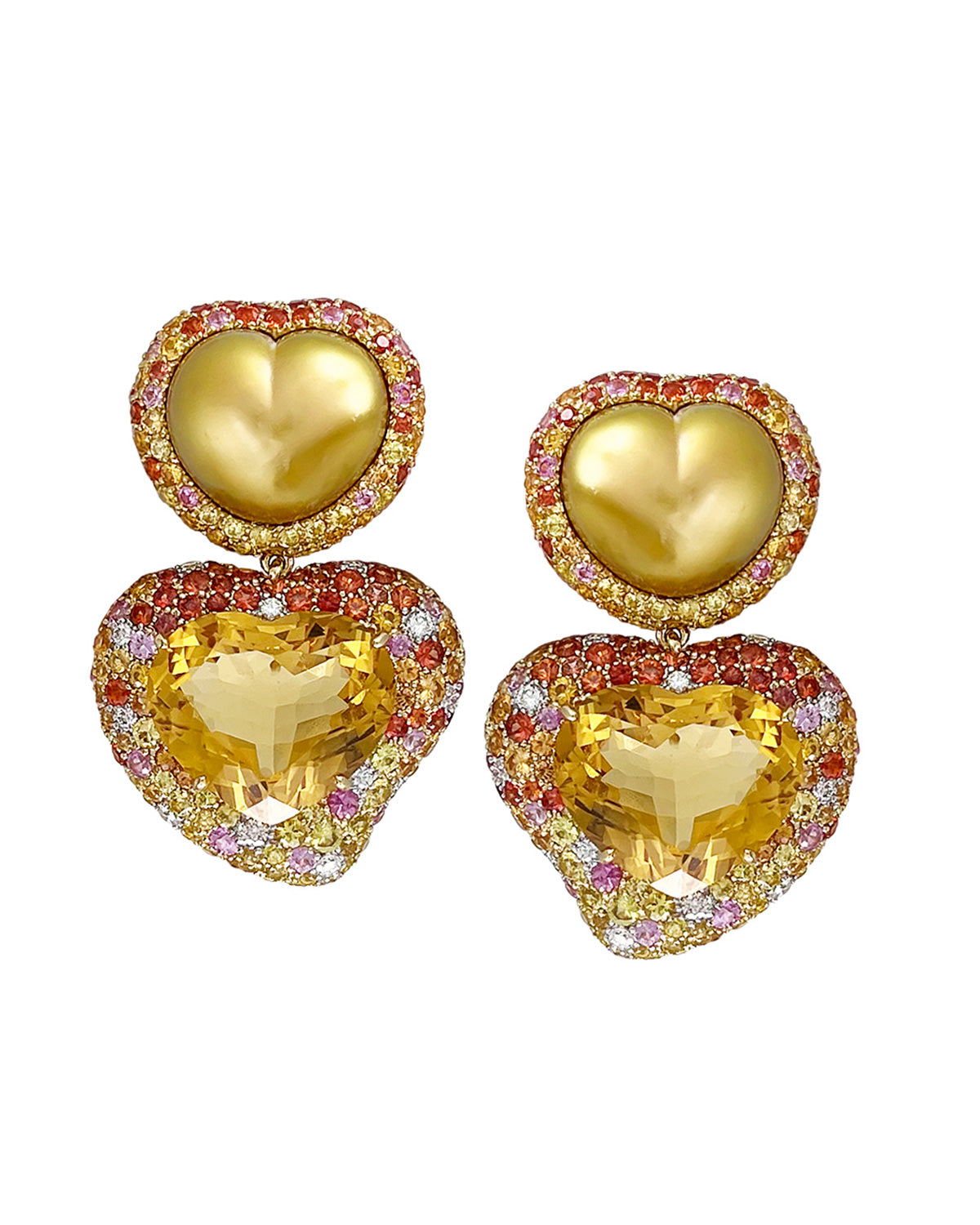 Golden Pearl and Citrine Heart Earrings
