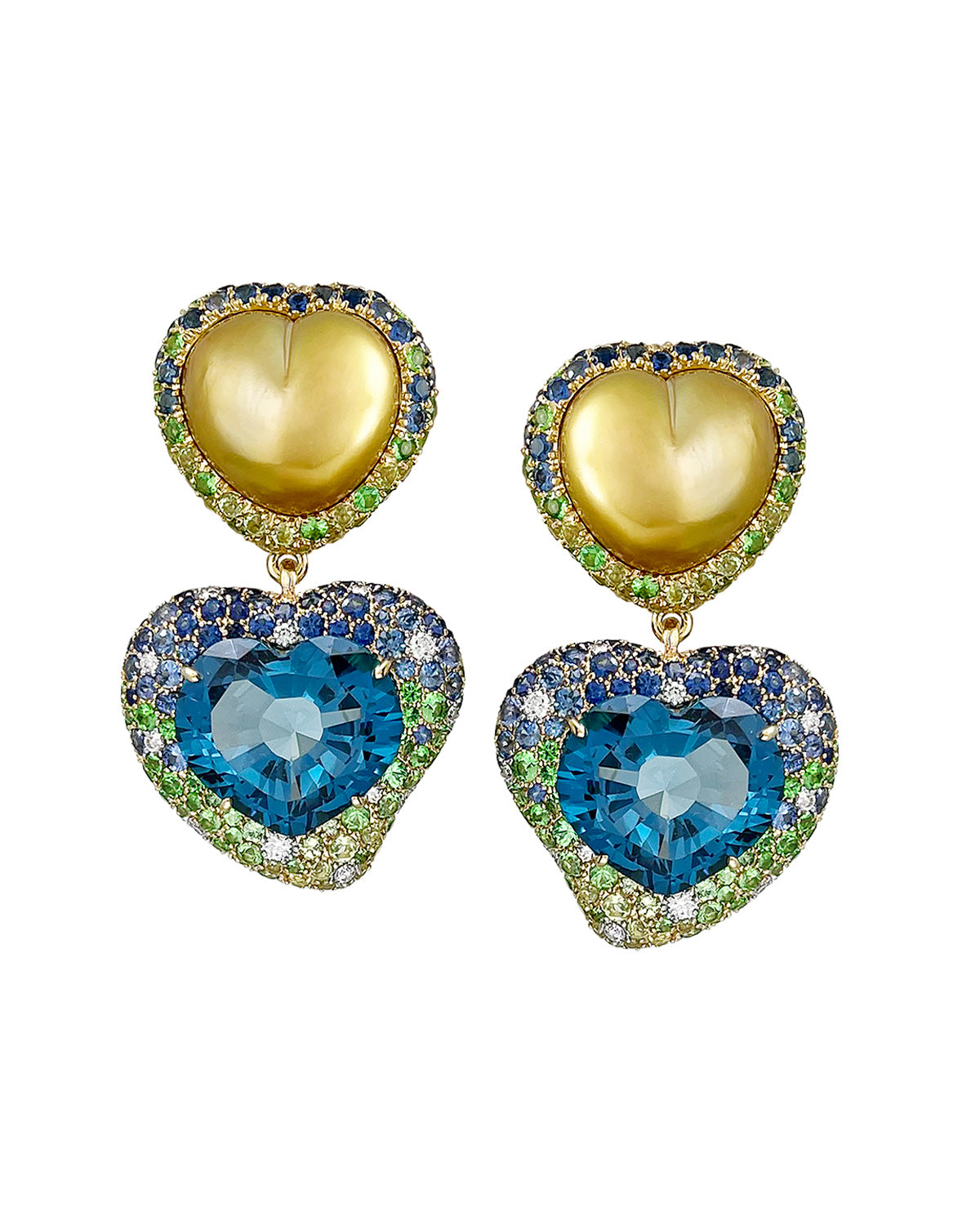 Golden Pearl & Blue Topaz Heart Earrings