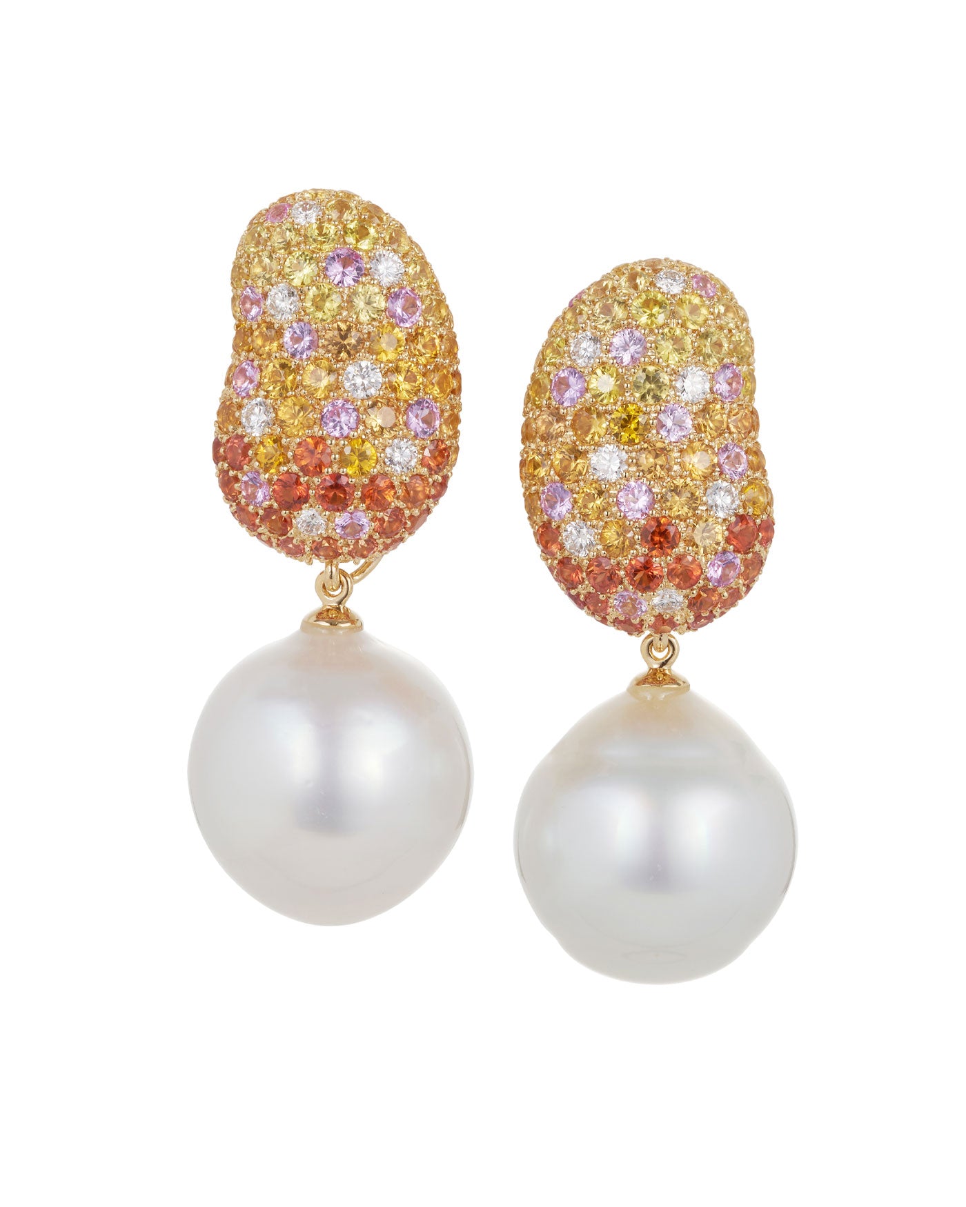 Jelly Bean Yellow, Pink and Orange Sapphire and Diamonds with Pearl Drop Earrings