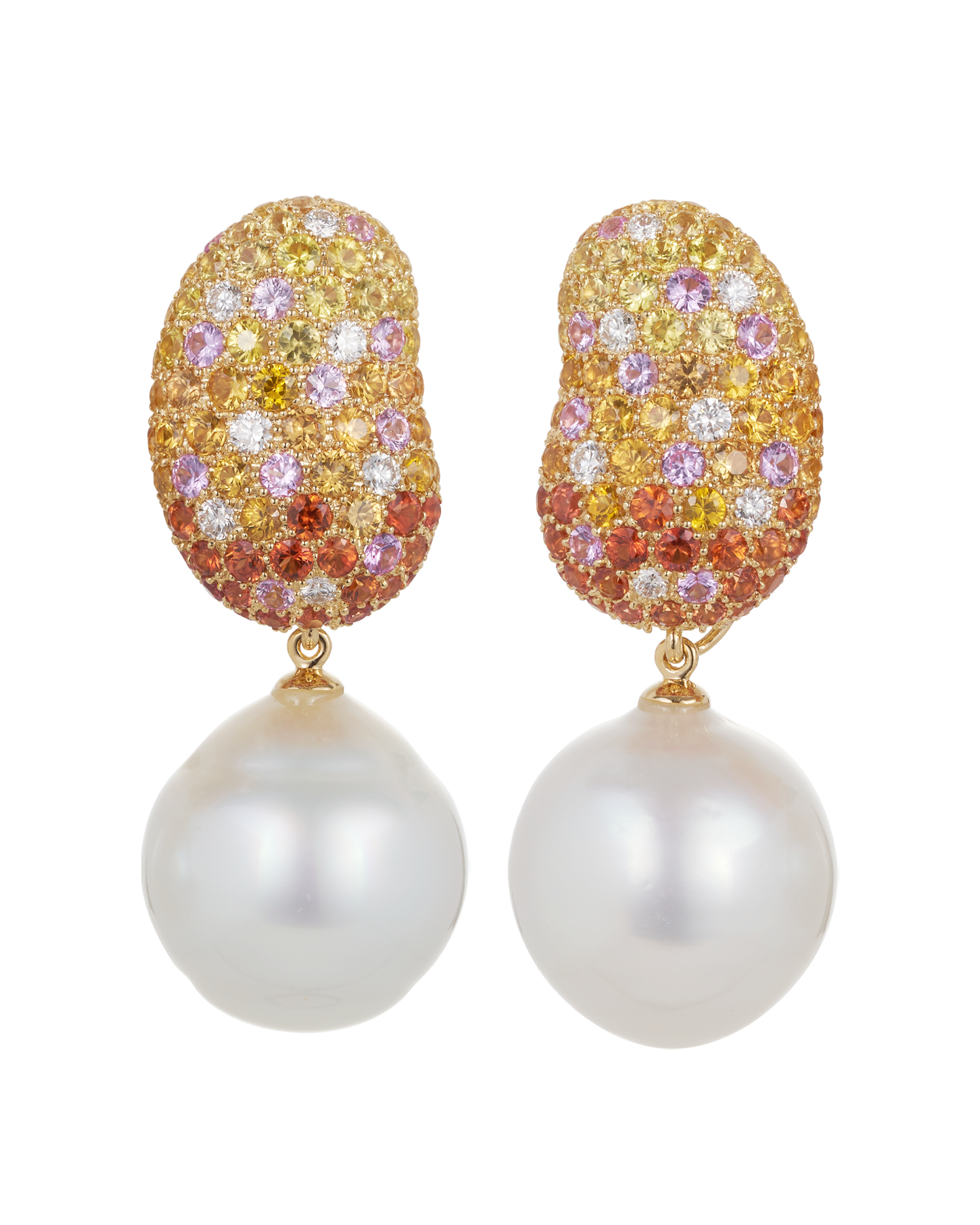 Jelly Bean Yellow, Pink and Orange Sapphire and Diamonds with Pearl Drop Earrings