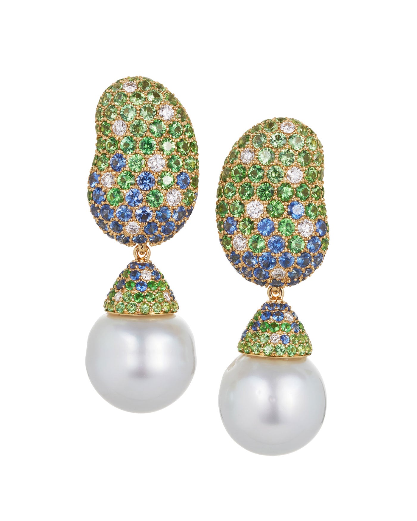 Jelly Bean Sapphire, Tsavorite and Diamonds with Pearl Drop Earrings
