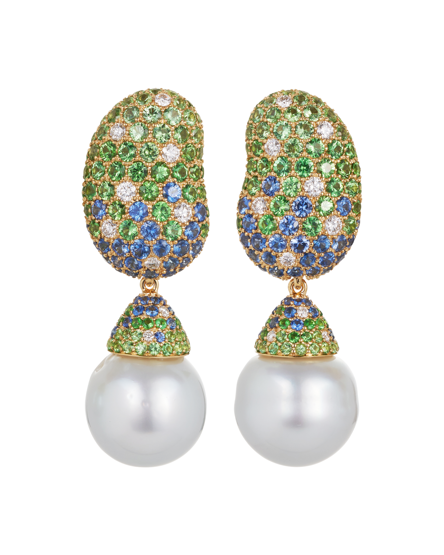 Jelly Bean Sapphire, Tsavorite and Diamonds with Pearl Drop Earrings
