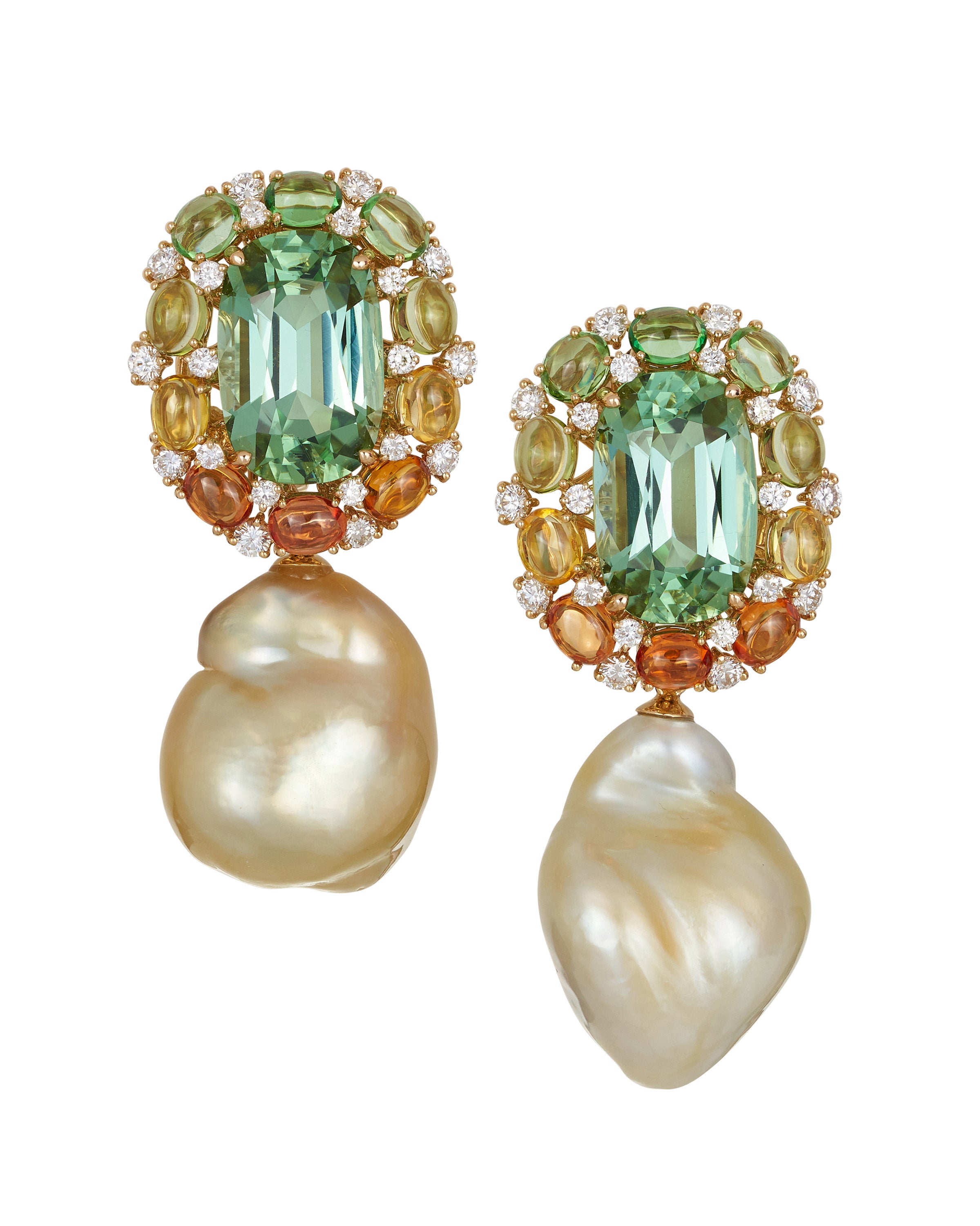 Lovebird Green Tourmaline and Pearl Drop Earrings