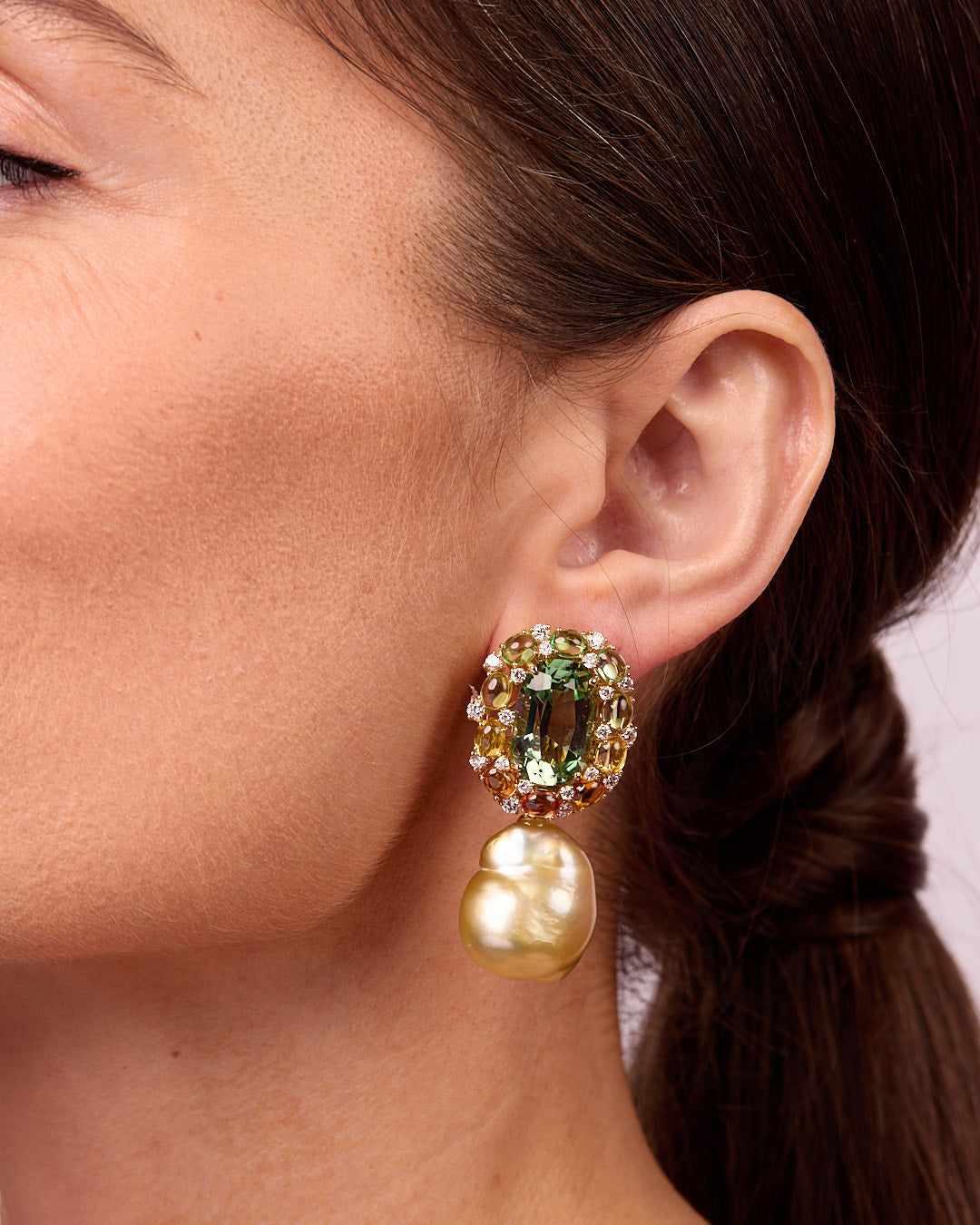 Lovebird Green Tourmaline and Pearl Drop Earrings