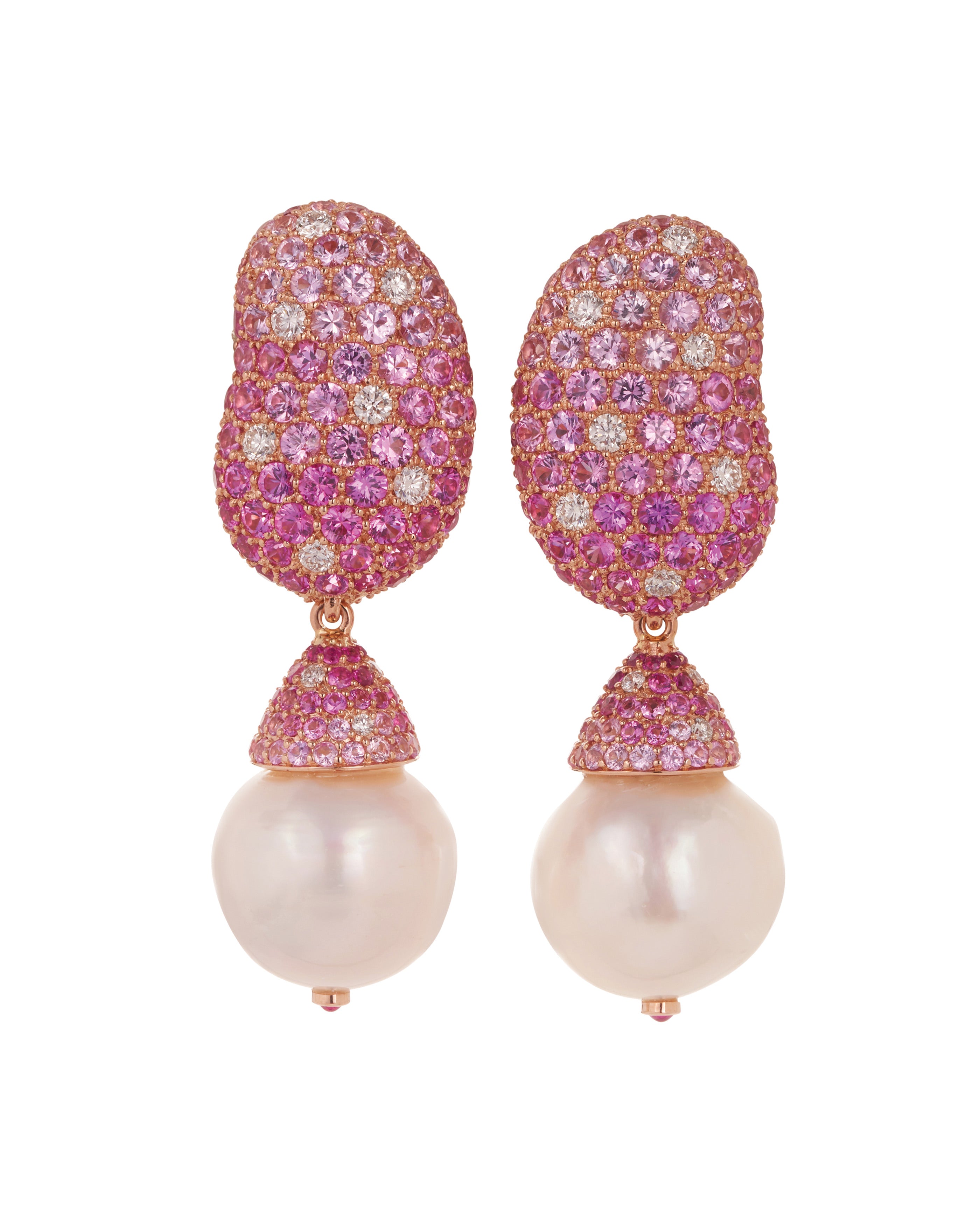 Jelly Bean Pink Sapphire, Diamond with Pearl Drop Earrings