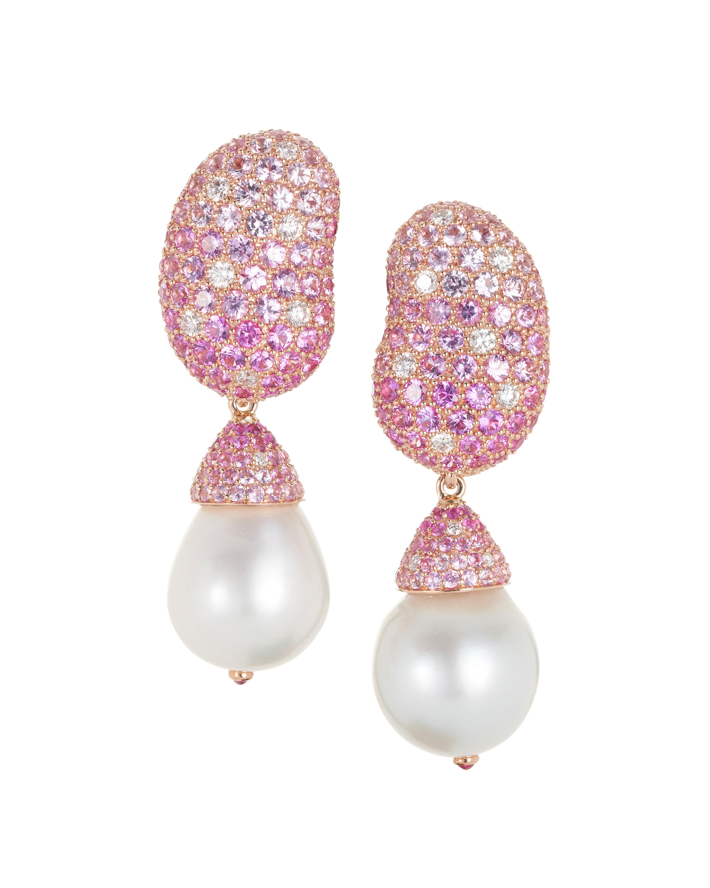 Jelly Bean Pink Sapphire, Diamond with Pearl Drop Earrings