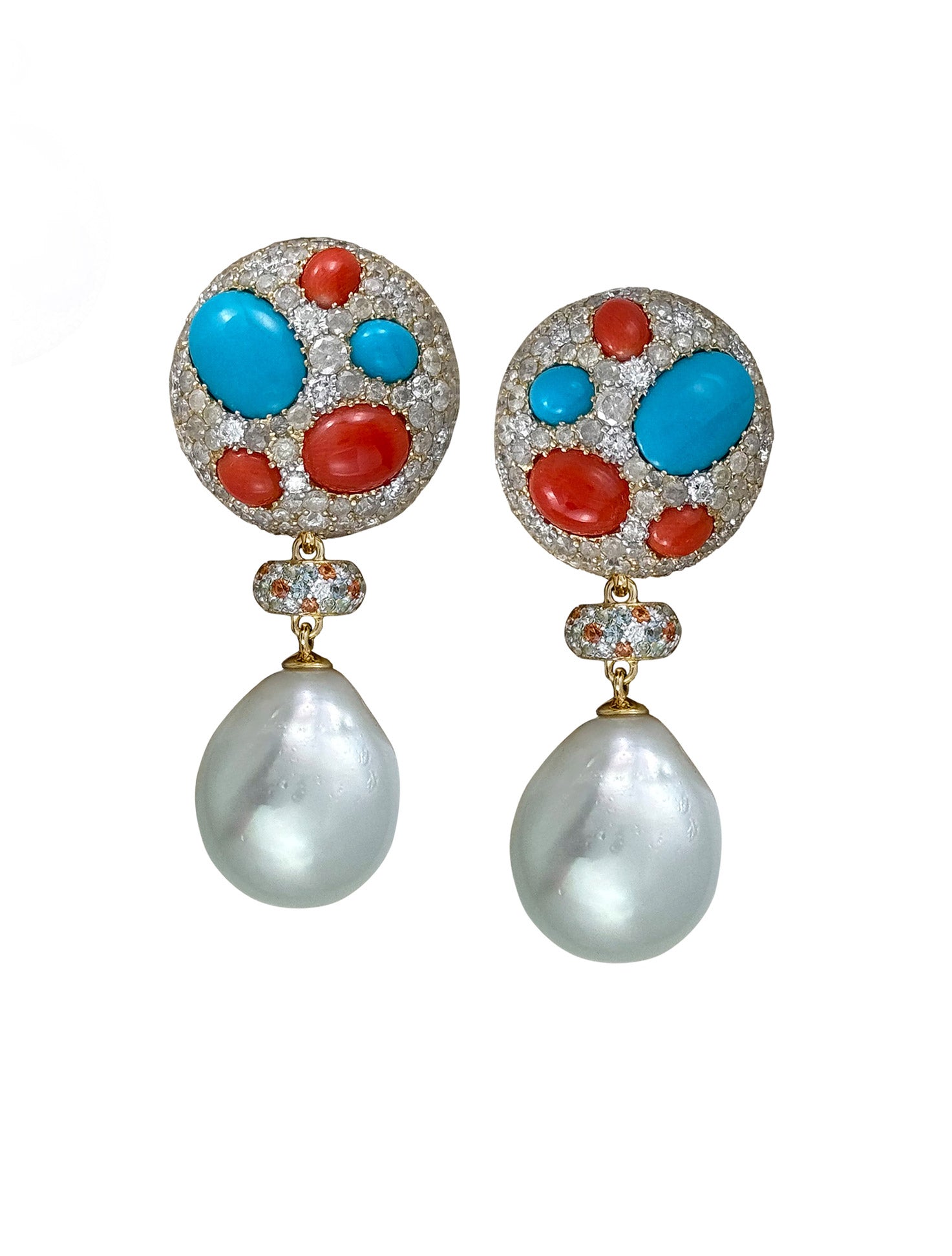 Cookie Coral, Turquoise and Pearl Drop Earrings