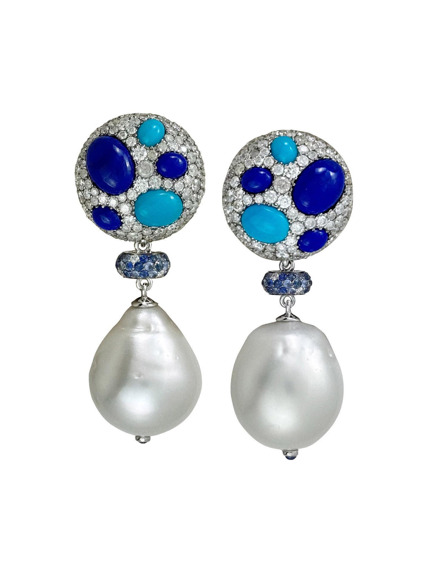 Cookie Lapis, Turquoise and Pearl Drop Earrings