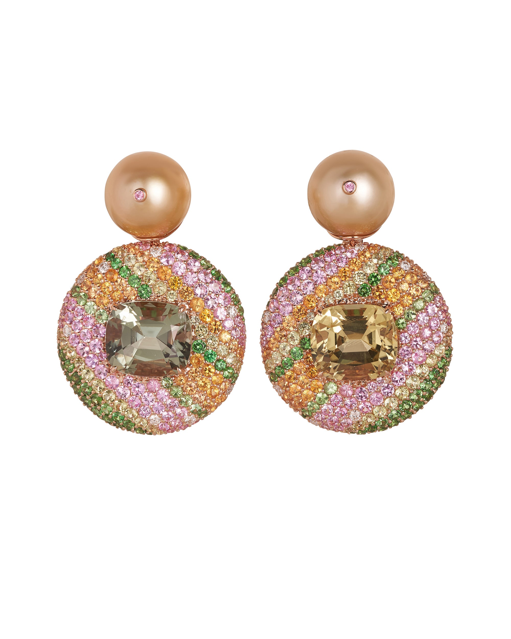 Pearl Earrings with Green Amethyst and Lemon Quartz Button Earrings