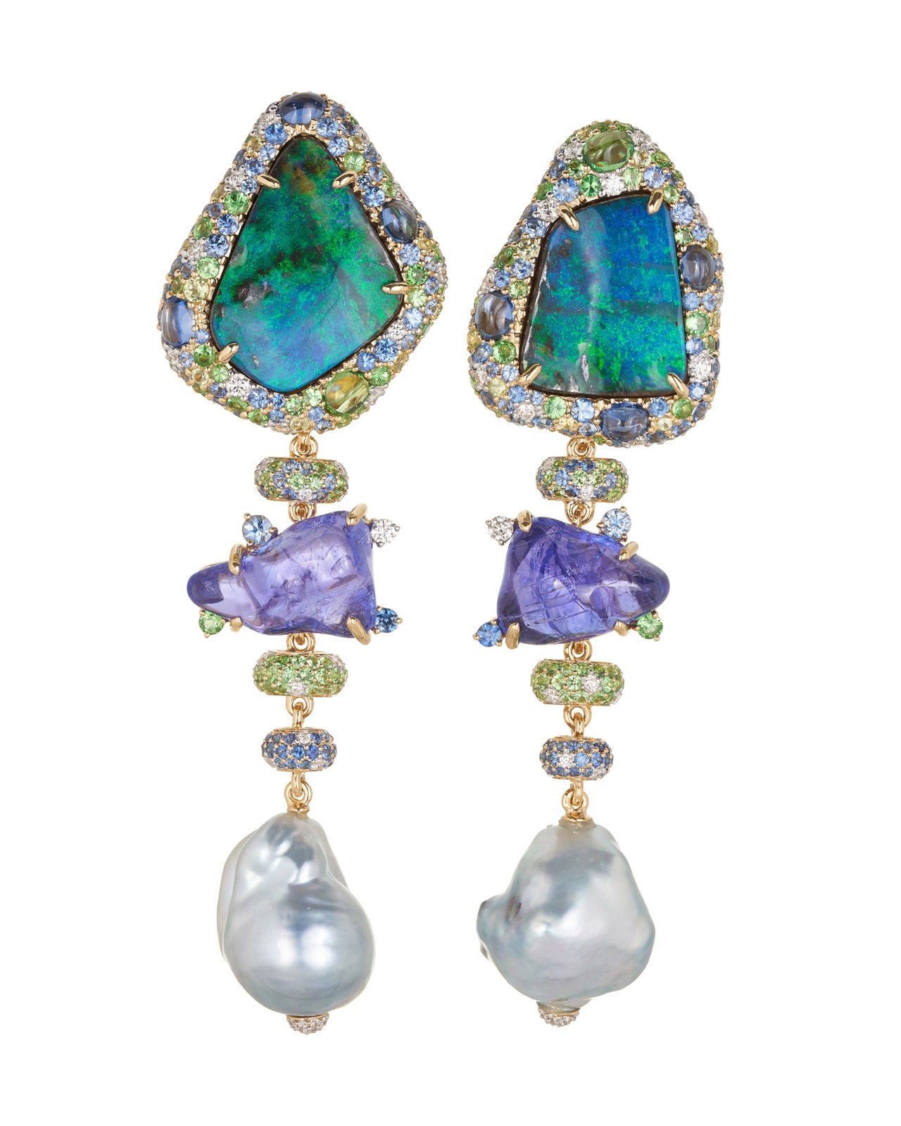 Totem Opal, Tanzanite and Pearl Earrings