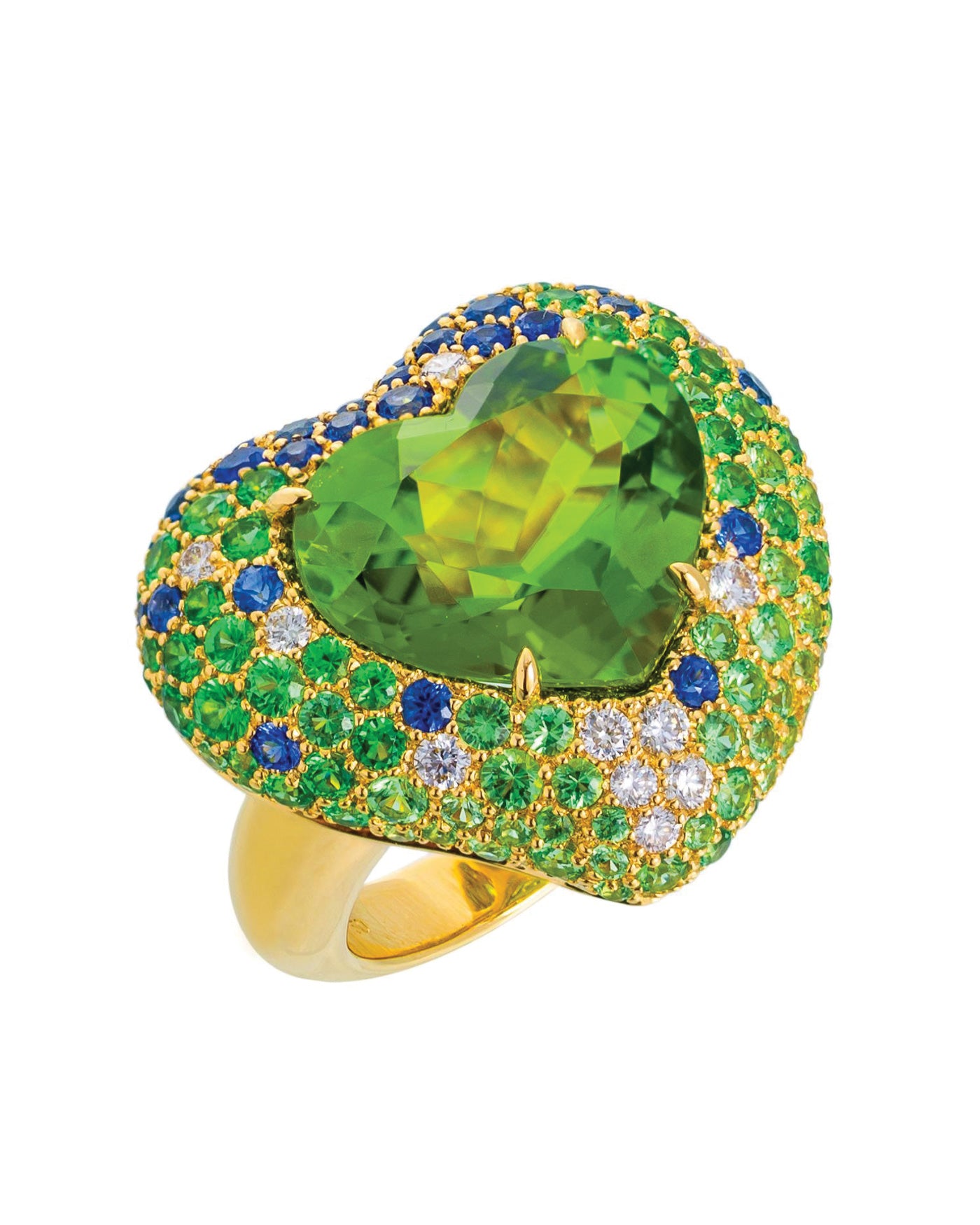 Hearts Desire Peridot Ring enhanced by a myriad of gemstones and diamonds, crafted in 18 karat yellow gold