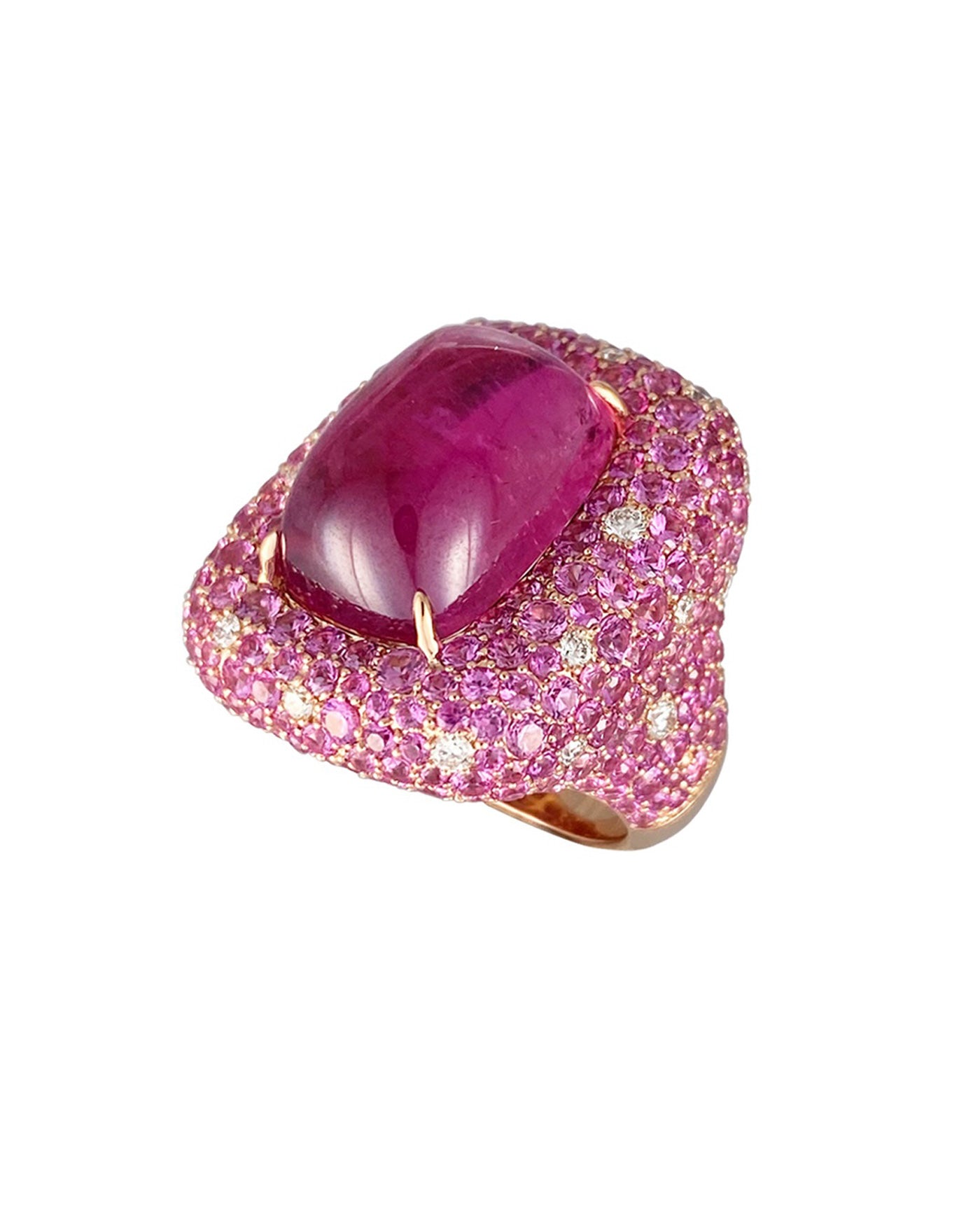 Rubellite ring enhanced with diamonds and pink sapphires, crafted in 18 karat rose gold