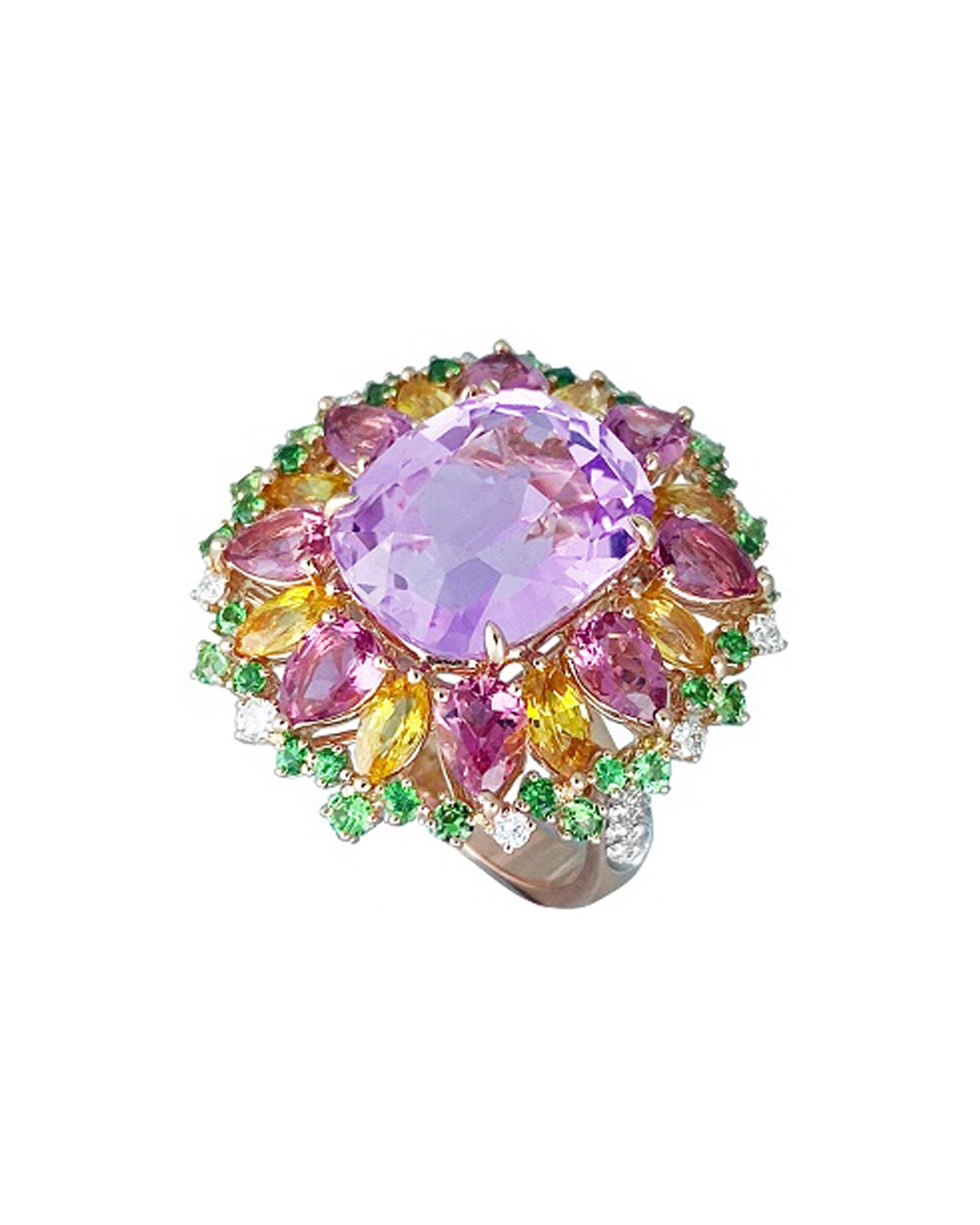 Kunzite Cocktail ring enhanced with diamonds, tsavorite, pink tourmaline and yellow sapphires, crafted in 18 karat rose gold