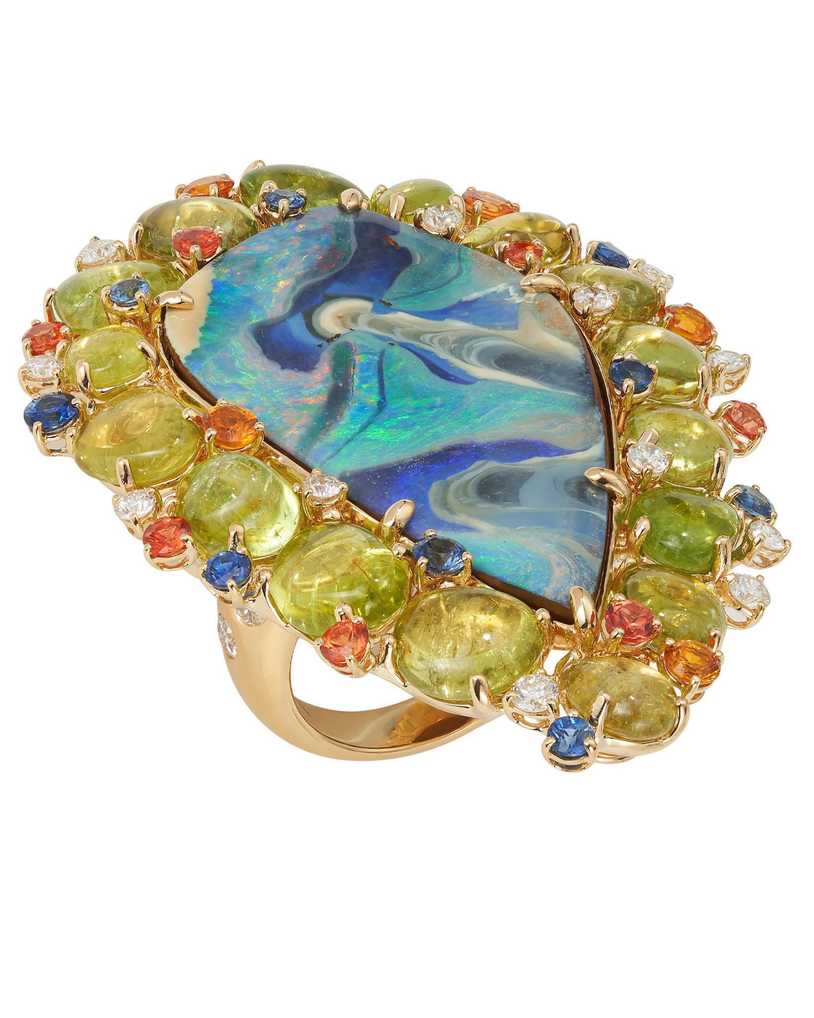 Australian Boulder Opal 34.75ct Ring surrounded by Paraiba Tourmaline, Diamonds, Blue, Yellow and Orange Sapphire.