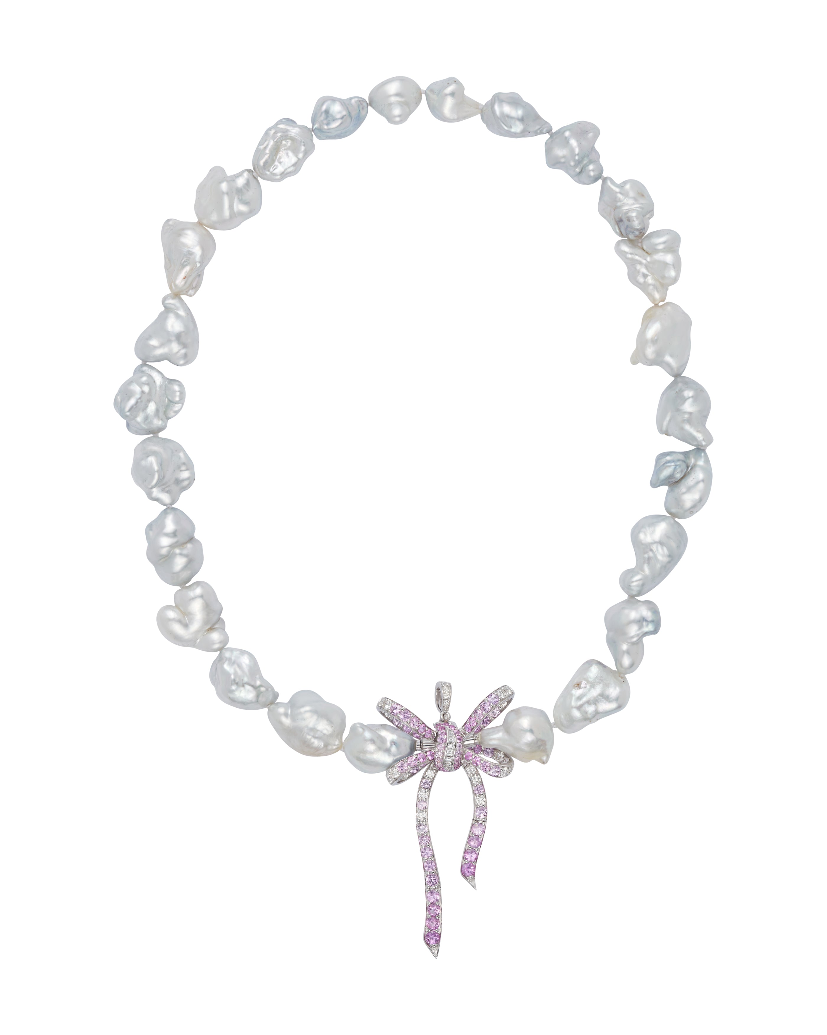 Mini Pink Bow Pendant and Keshi Pearl Necklace