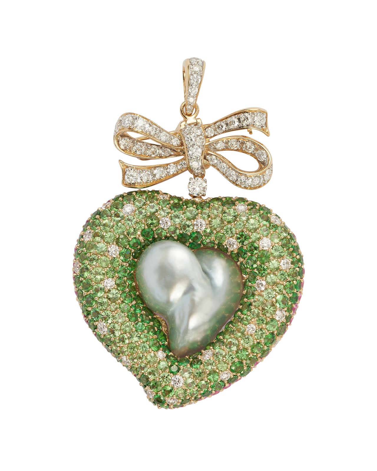 Duet Pearl Heart and Diamond Bow Pendant