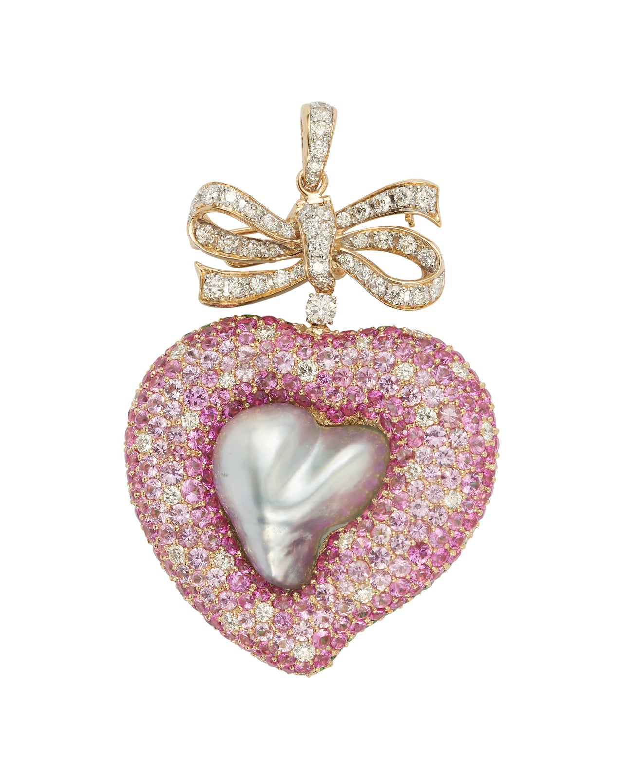 Duet Pearl Heart and Diamond Bow Pendant