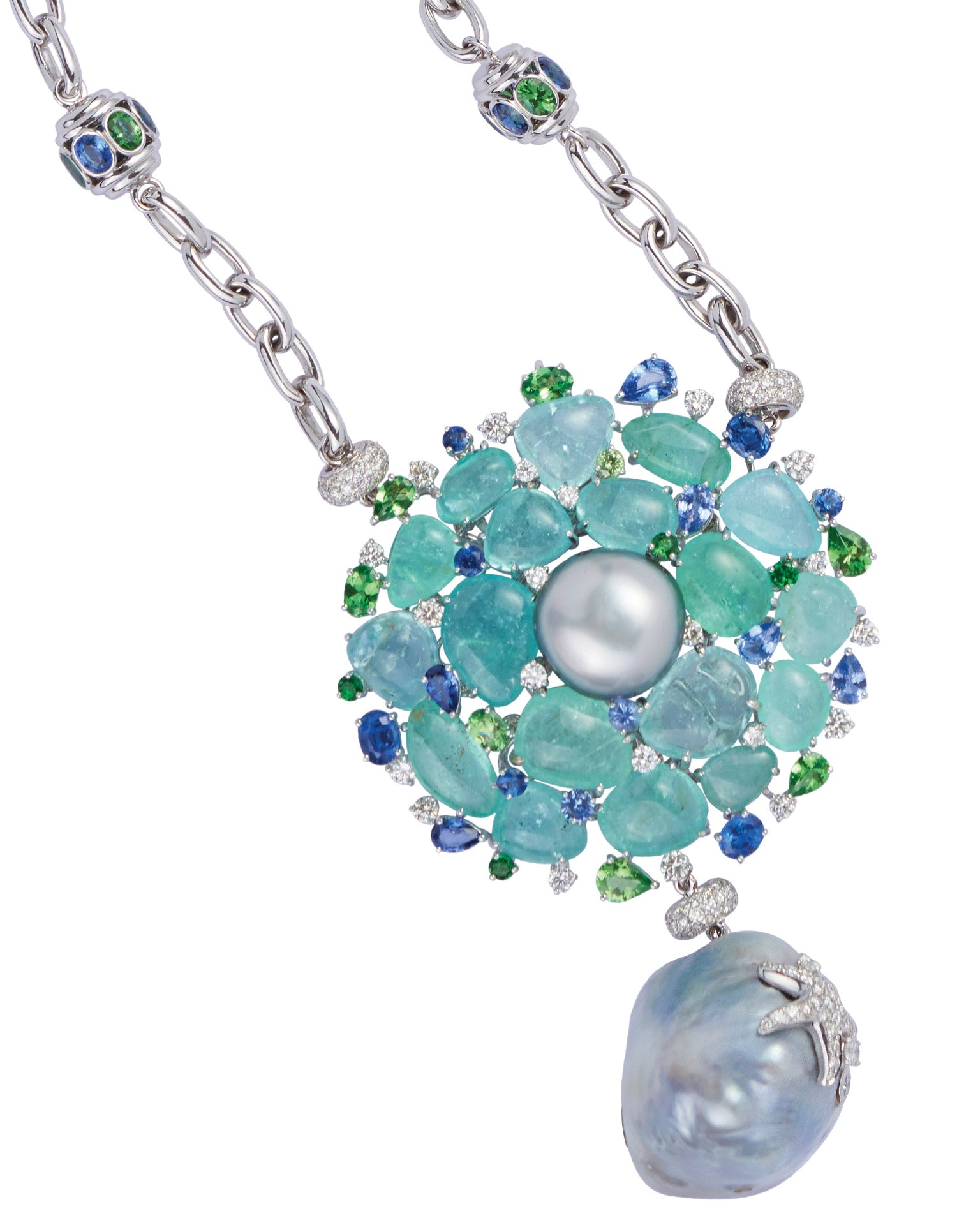 Large Tourmaline Baroque Pearl Drop Pendant with Link Necklace