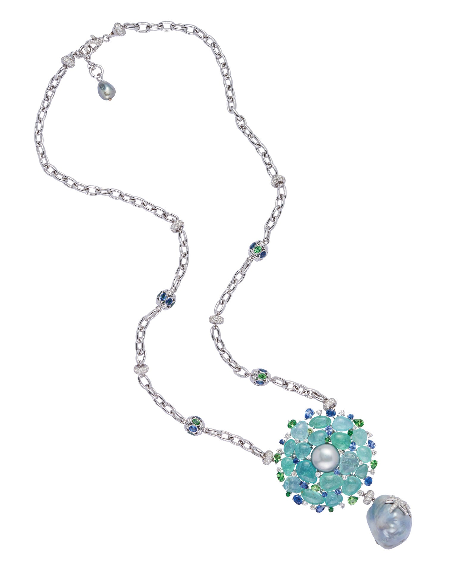 Large Tourmaline Baroque Pearl Drop Pendant with Link Necklace