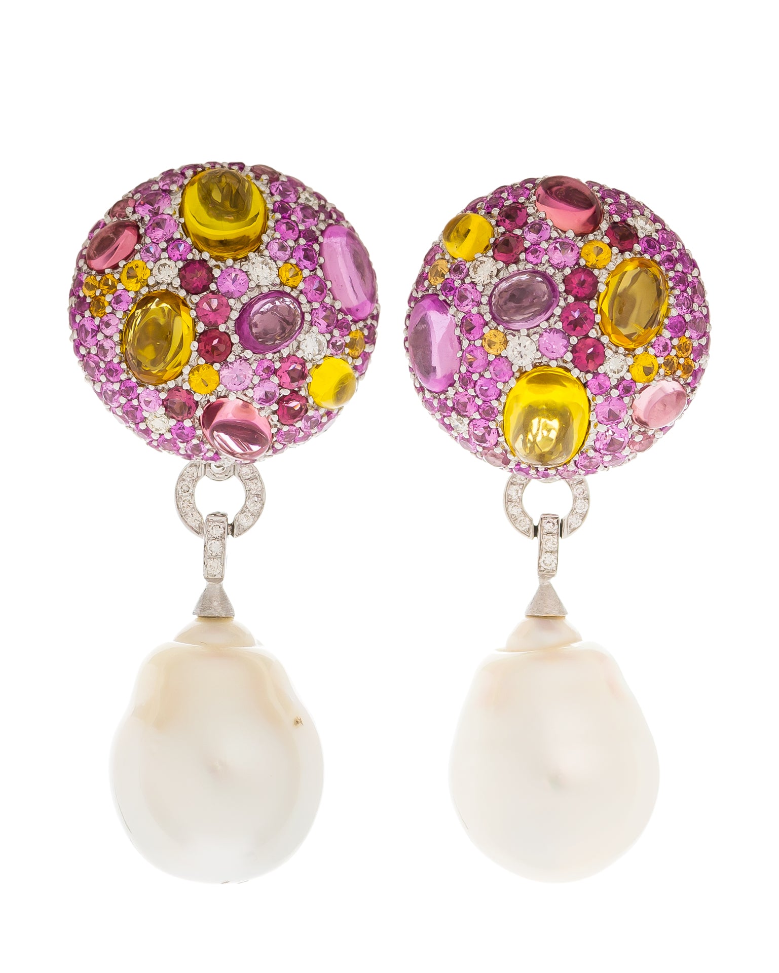 South Sea pearl pink cookie drop earrings enhanced with a myriad of gemstones and diamonds, crafted in 18 karat white gold