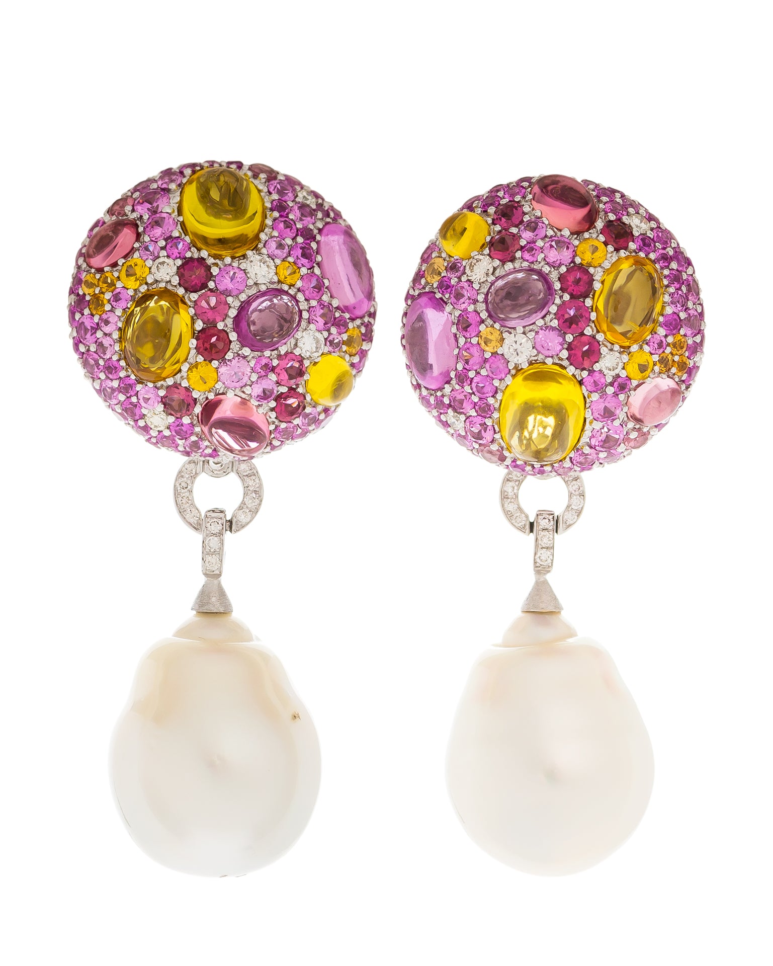 Cookie Pink and Yellow Sapphire With Pearl Drop Earrings