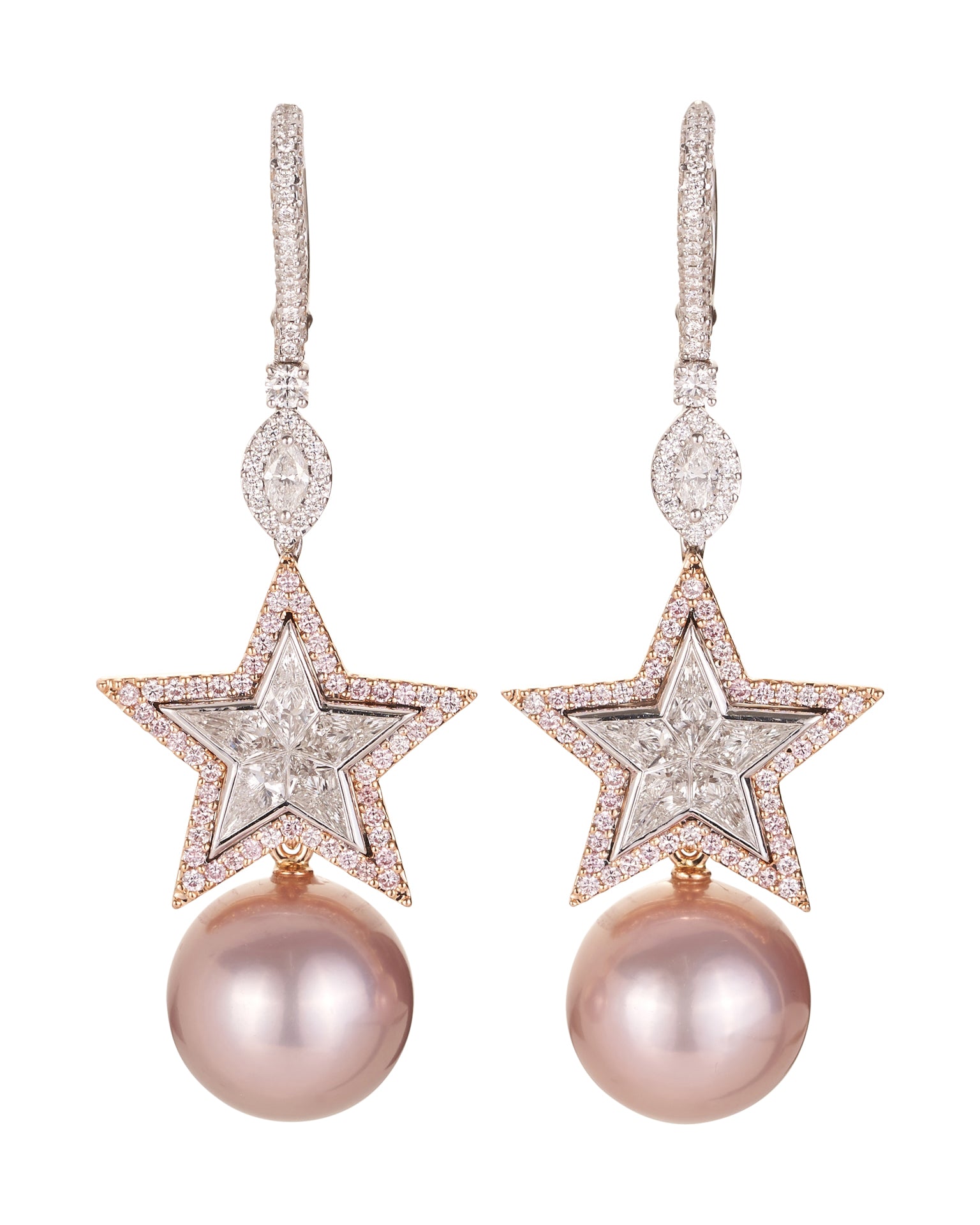 Star Diamond and Pink Pearl Earrings