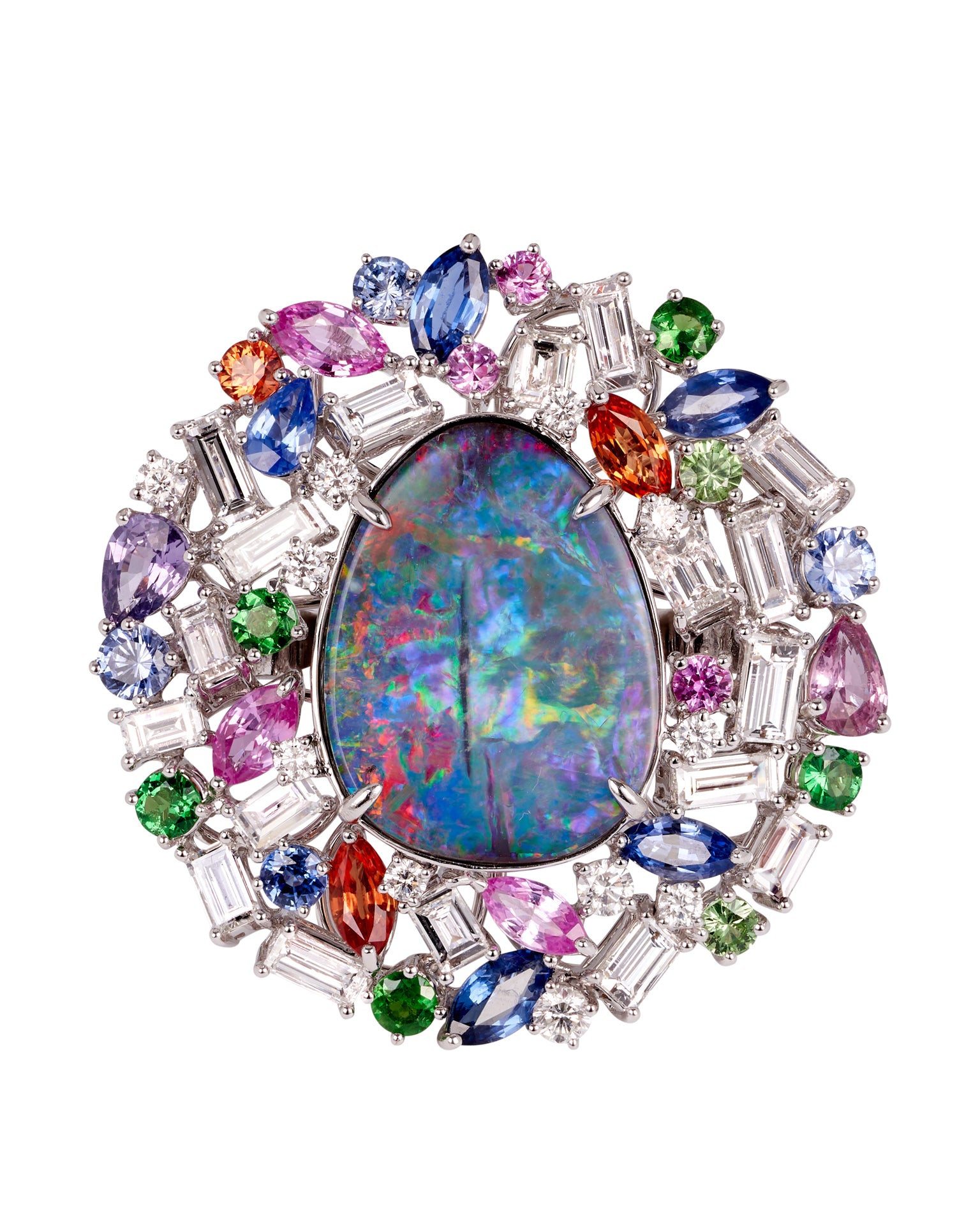 Opal ring, featuring a natural Queensland boulder opal, surrounded by a myriad of gemstones, crafted in 18 karat white gold.