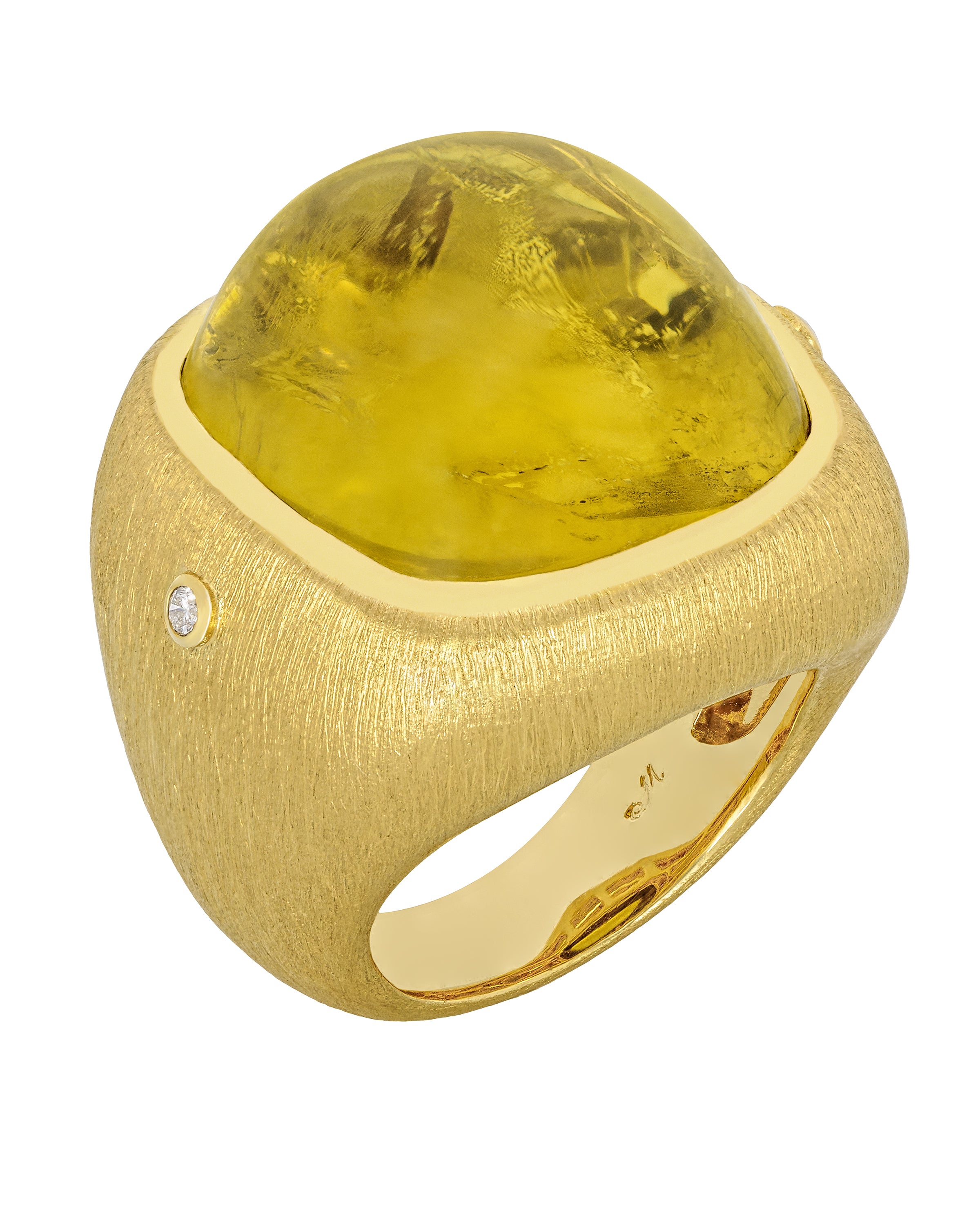 "Yellow Bee" tourmaline ring enhanced with diamonds, crafted in 18 karat satin finish yellow gold.