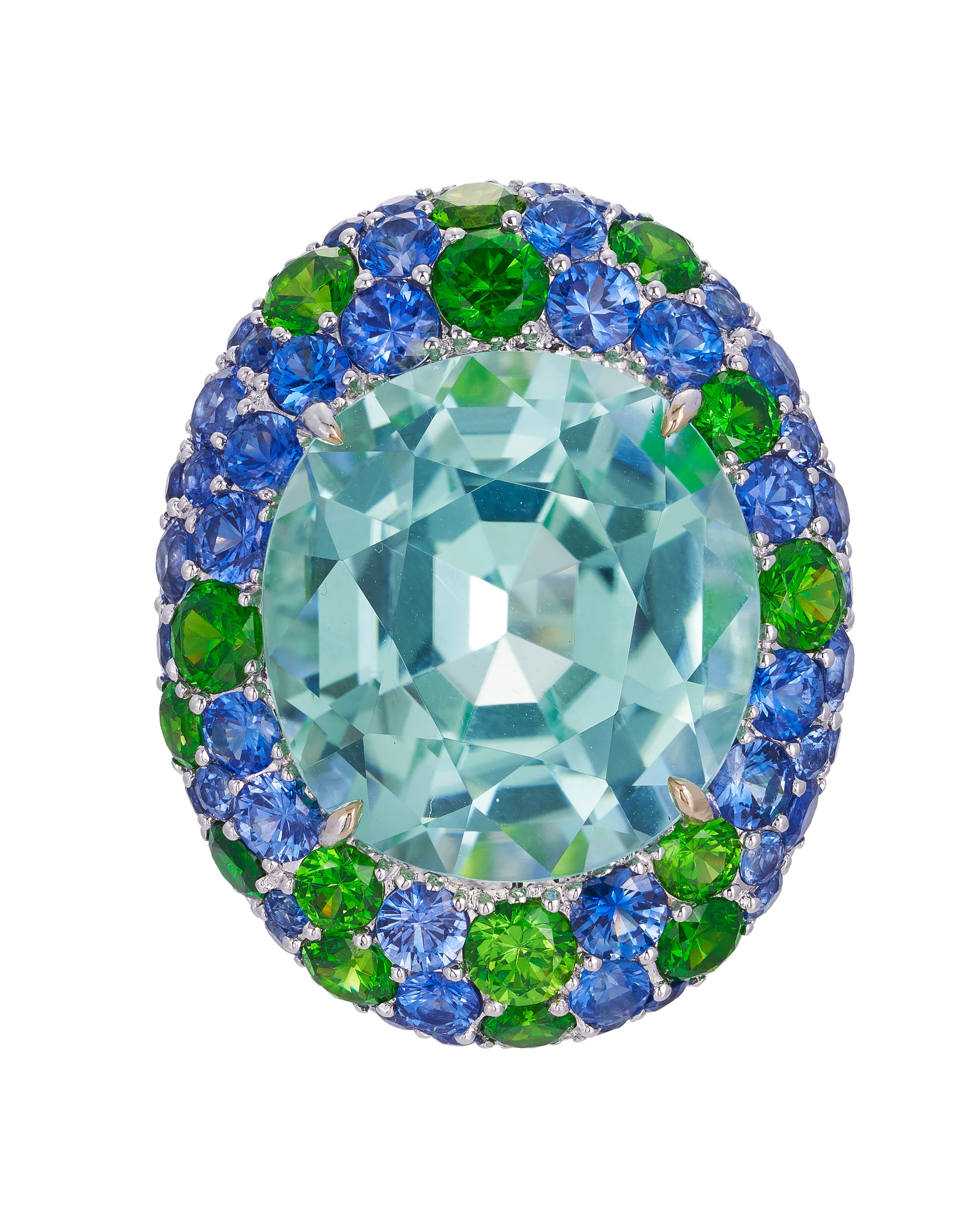 Paraiba tourmaline ring, with a myriad of gemstones, crafted in 18 karat white gold.