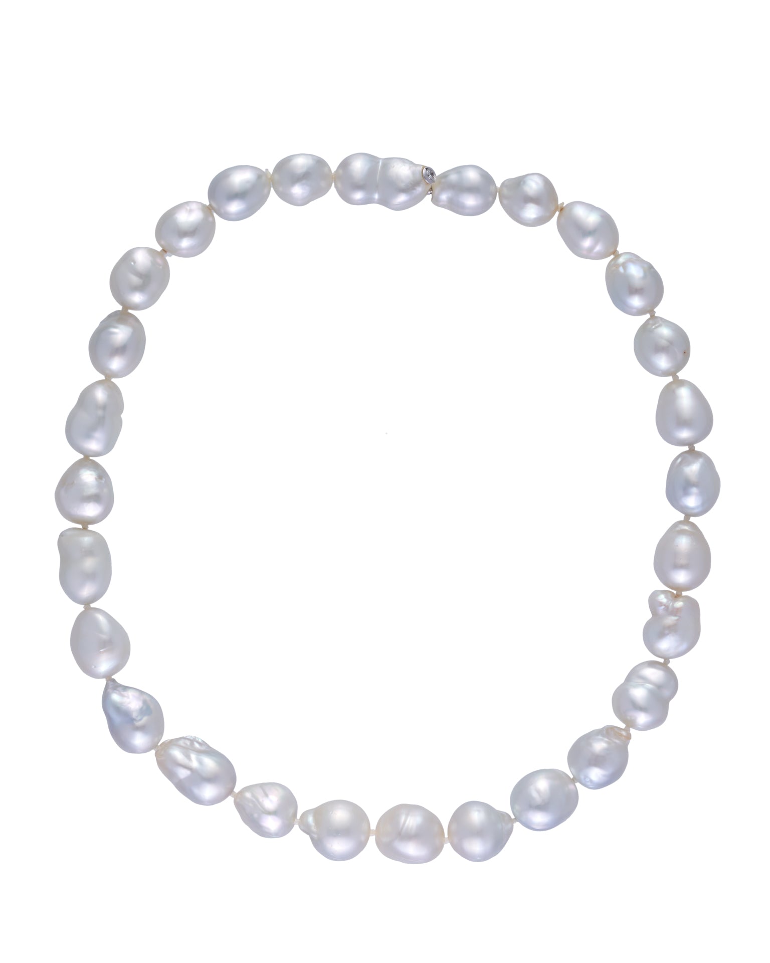 Australian South Sea pearl necklace featuring a diamond set bayonet clasp, crafted in 18 karat white gold.