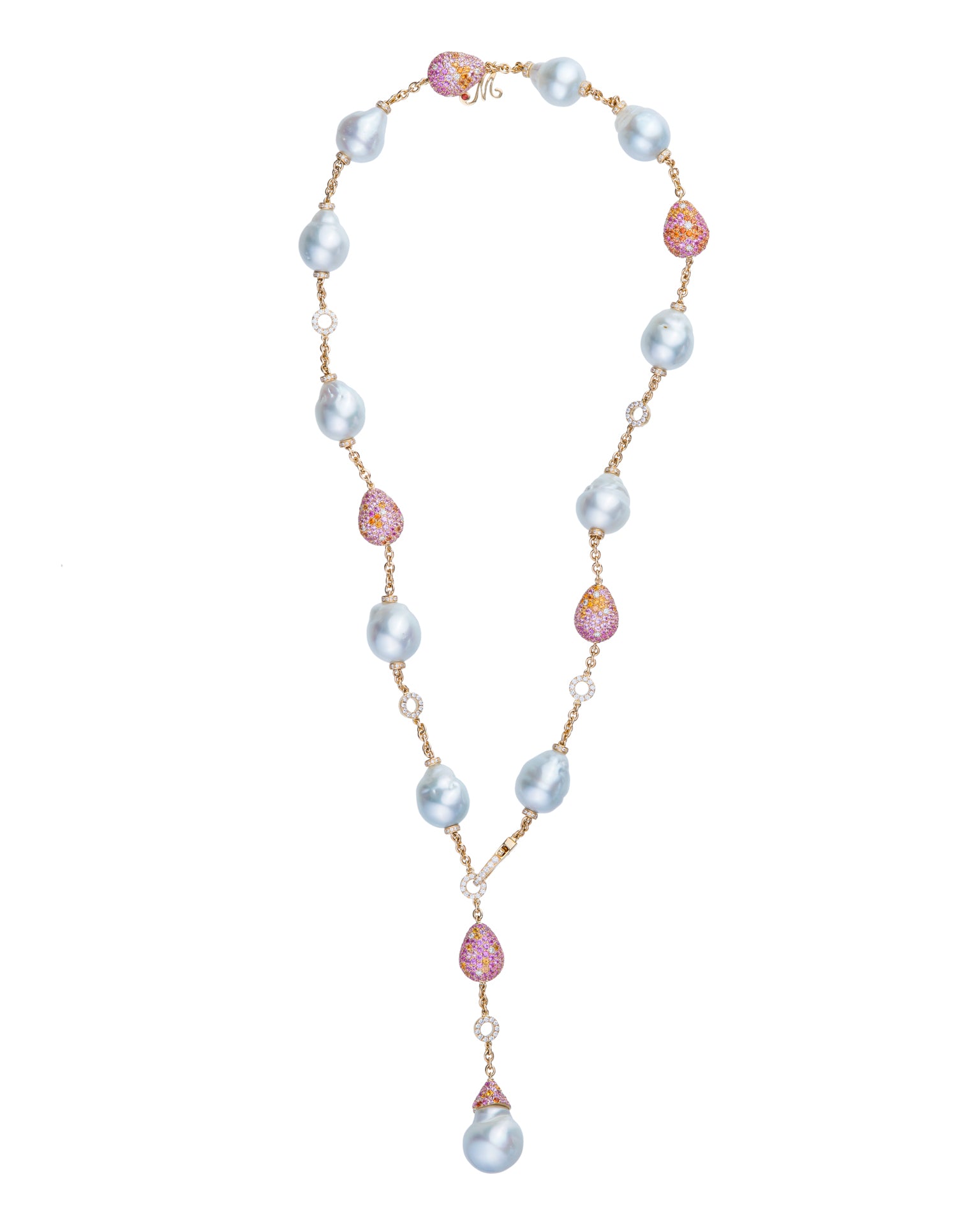 "Bliss" lariat necklace with Australian South Sea pearls and a pendant South Sea pearl with a myriad of gemstones, crafted in 18 karat yellow gold.