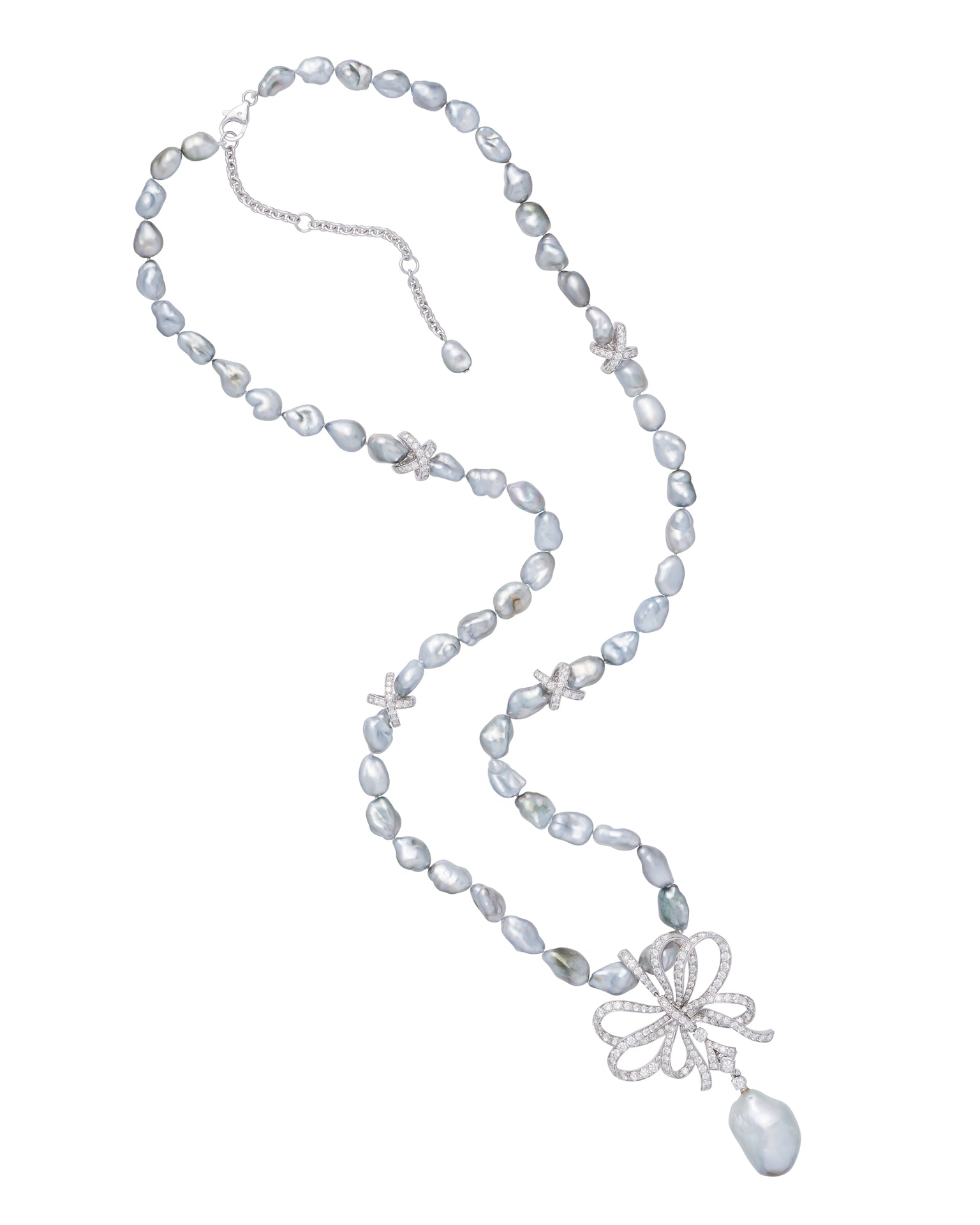 Tahitian Keshi Pearl Necklace with Diamond Bow