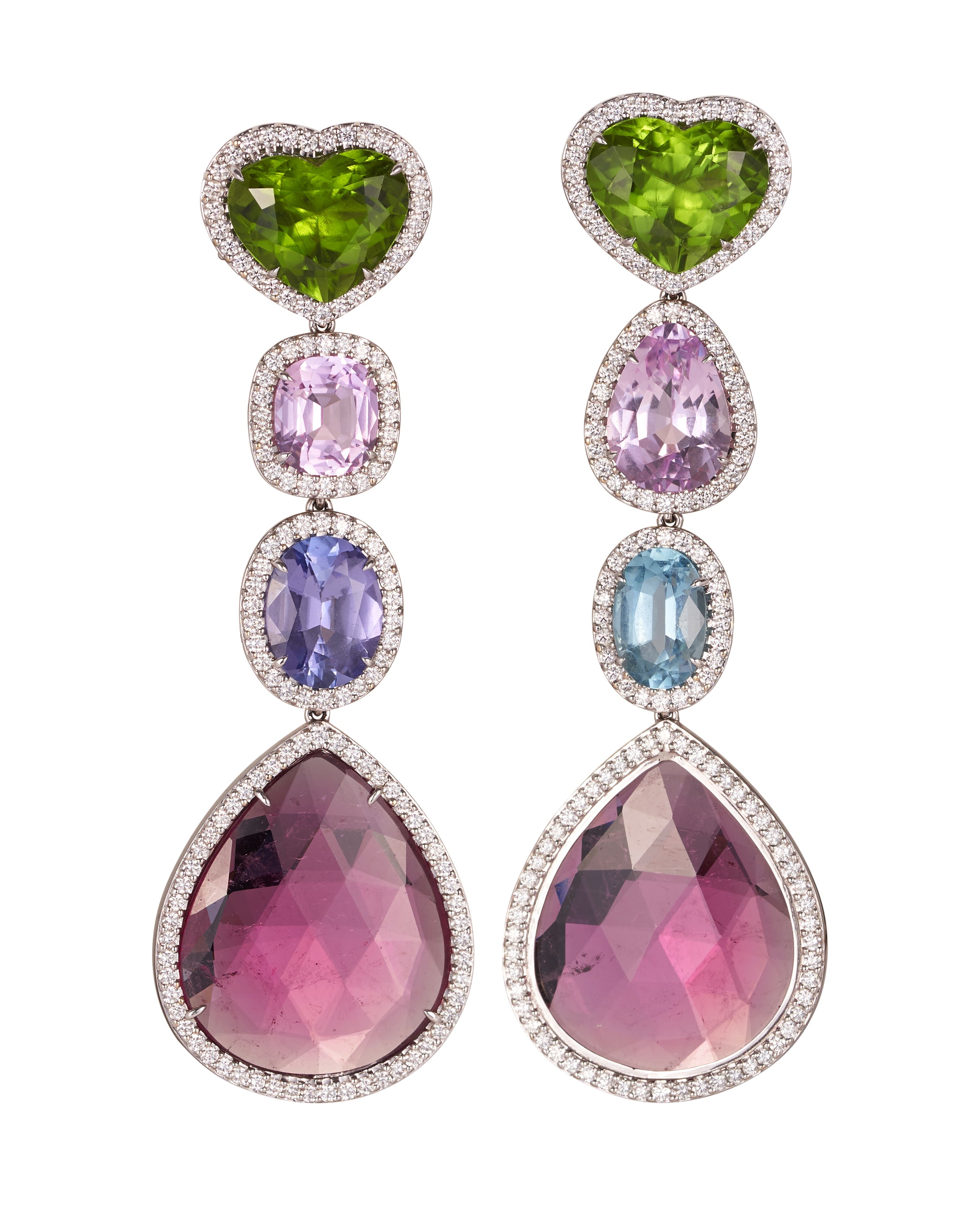 Pear shape briolette rubellite drop earrings featuring kunzite,  aquamarine, tanzanite and peridot, crafted in 18 karat white gold.