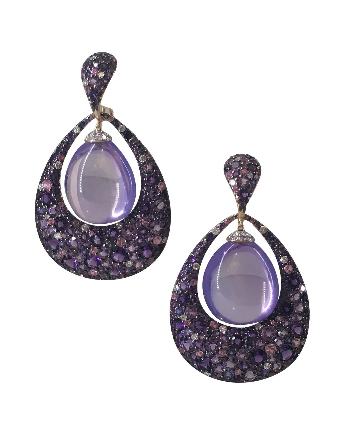 Irisbell purple moonstone drop earrings enhanced with diamonds, amethyst, pink and purple sapphires, crafted in 18 karat rose gold
