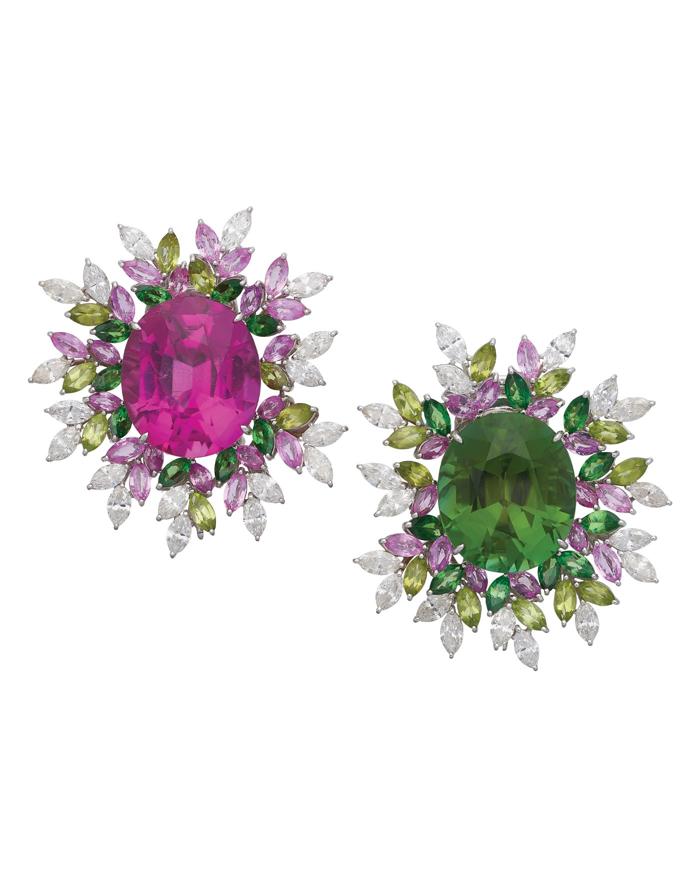Majestic 27.90ct Tourmaline and 28.78ct Rubellite ‘mix match’ earrings crafted in 18 karat white gold