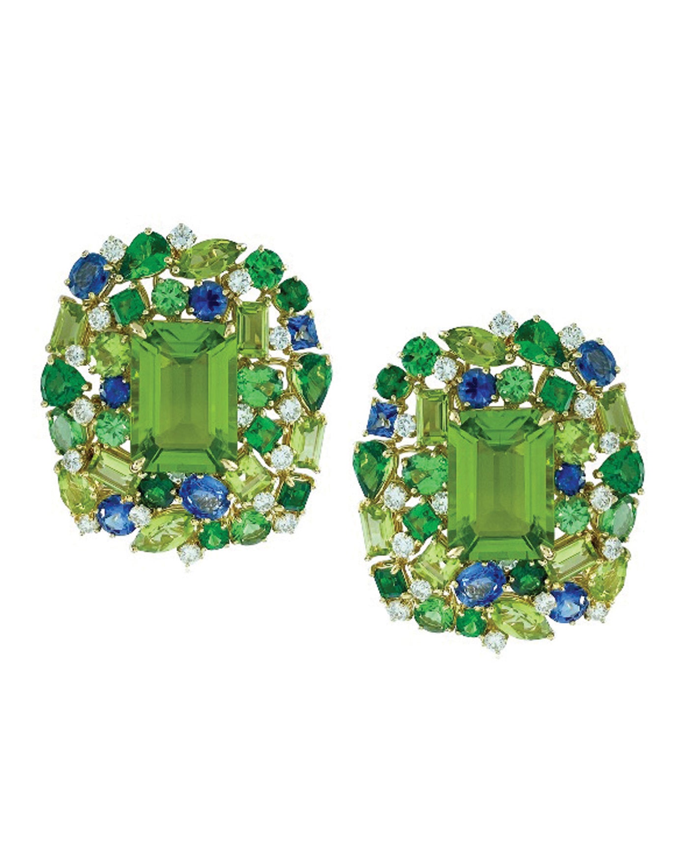 Peridot button earrings enhanced with diamonds and a myriad of gemstones, crafted in 18 karat yellow gold