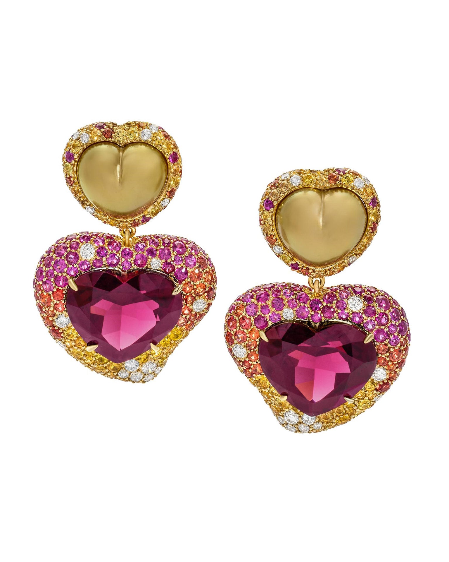 Golden Peart & Rhodolite Heart Earrings