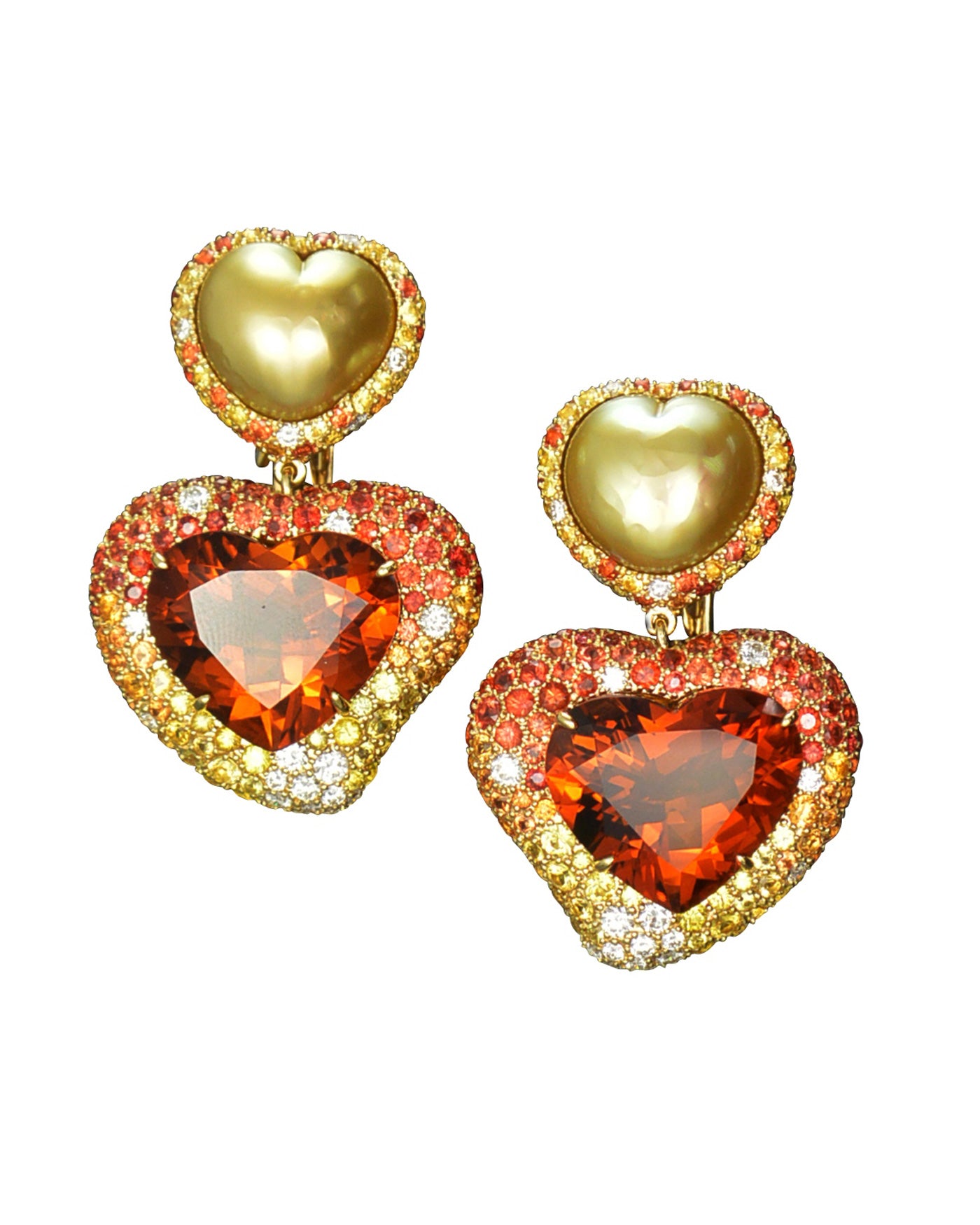 Golden Pearl heart earrings with citrine hearts enhanced with diamonds, yellow and orange sapphires, crafted in 18 karat yellow gold