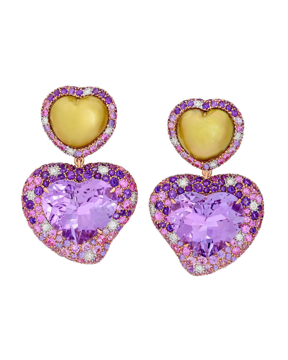Golden Pearl & Rose de France Heart Earrings