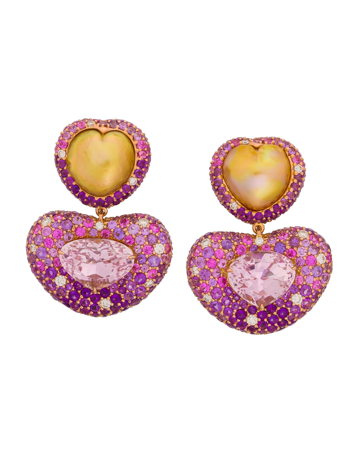 Golden Pearl & Kunzite Heart Earrings