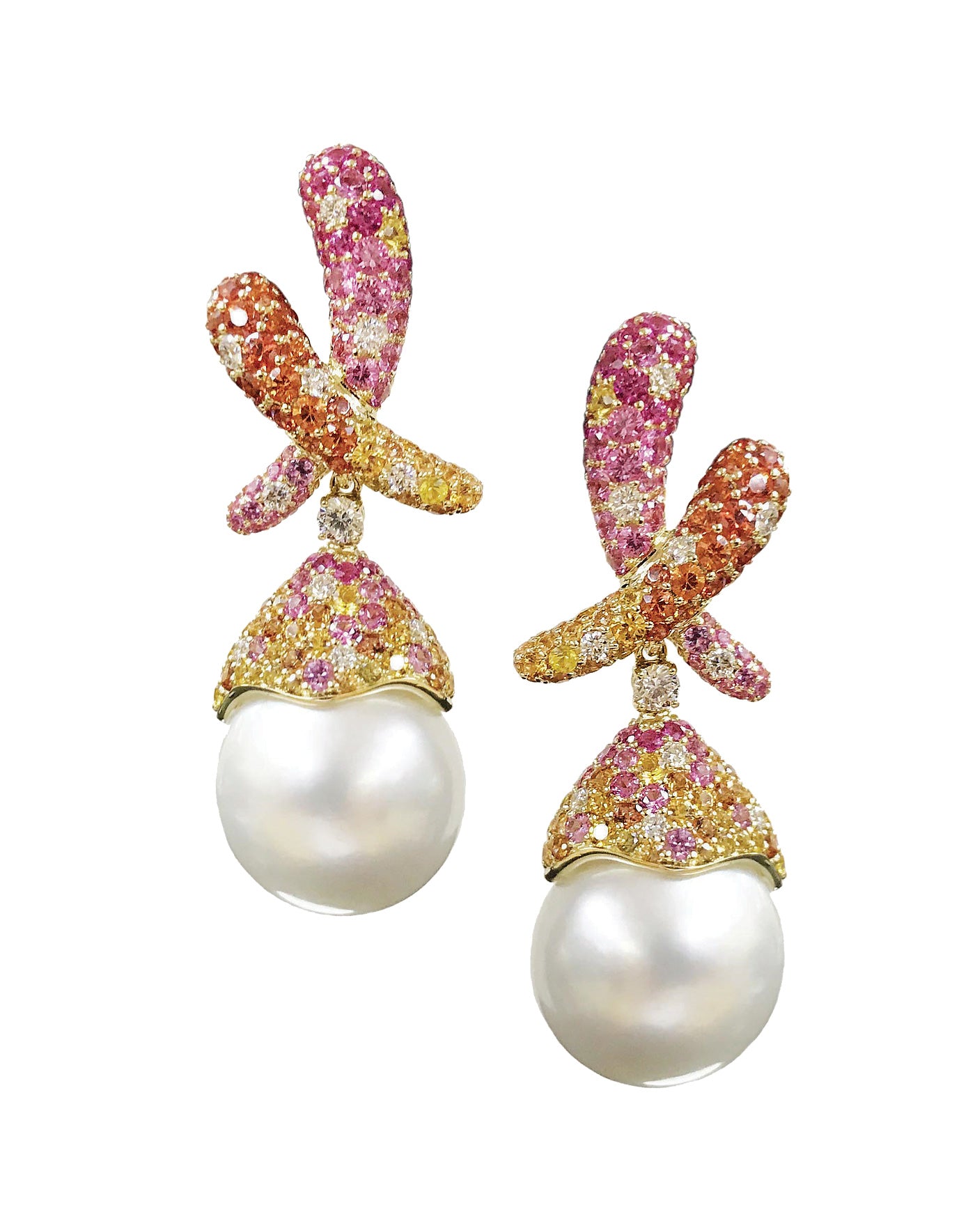 Kiss Earrings with Australian South Sea pearl drops enhanced with multi colored sapphires and diamonds, crafted in 18 karat white and yellow gold