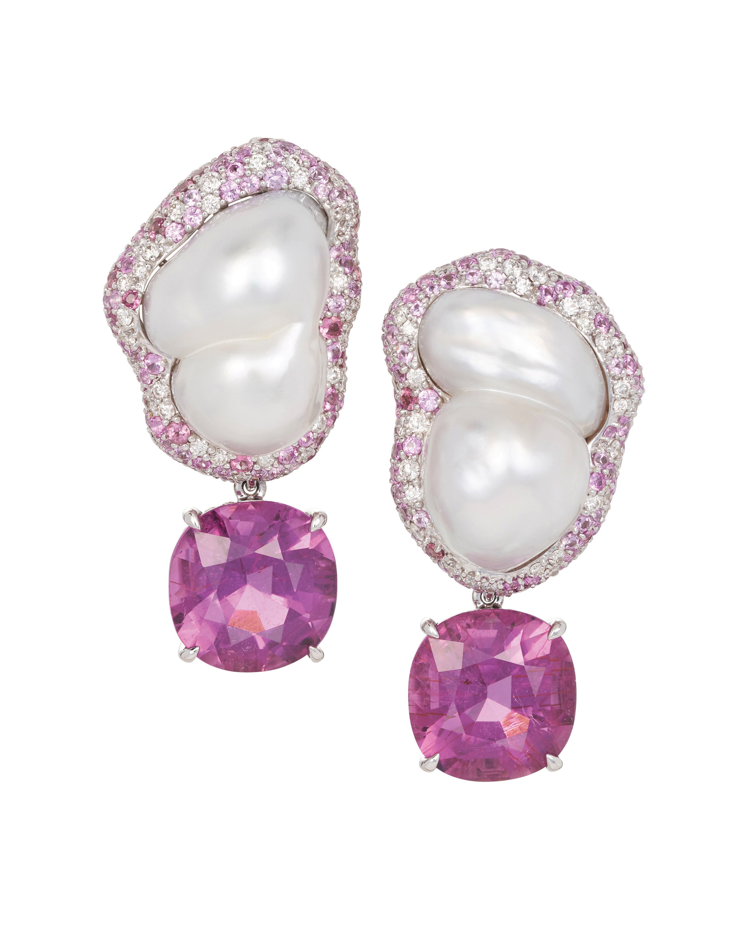 South Sea Pearl and Rubelite Drop Earrings