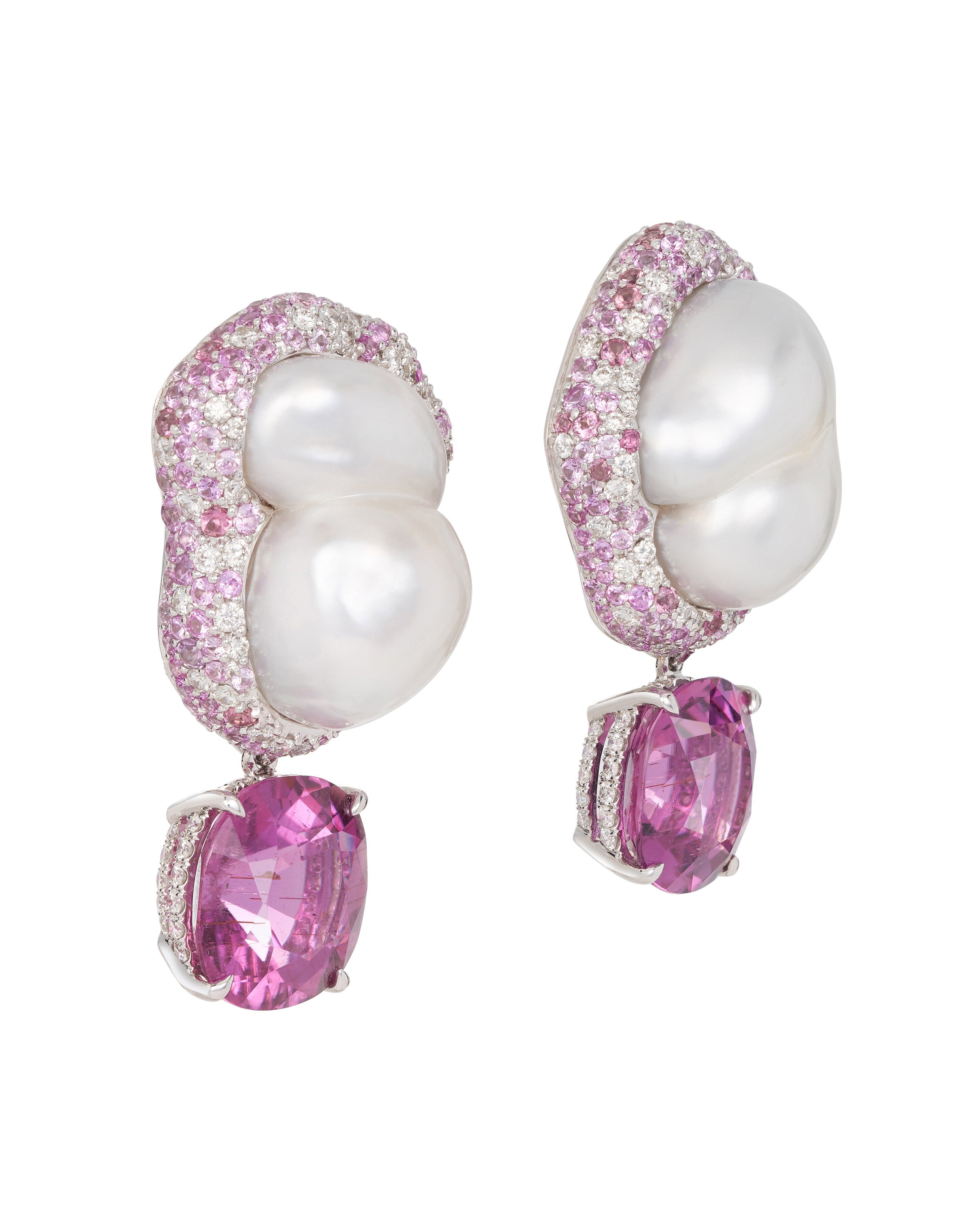 South Sea Pearl and Rubelite Drop Earrings