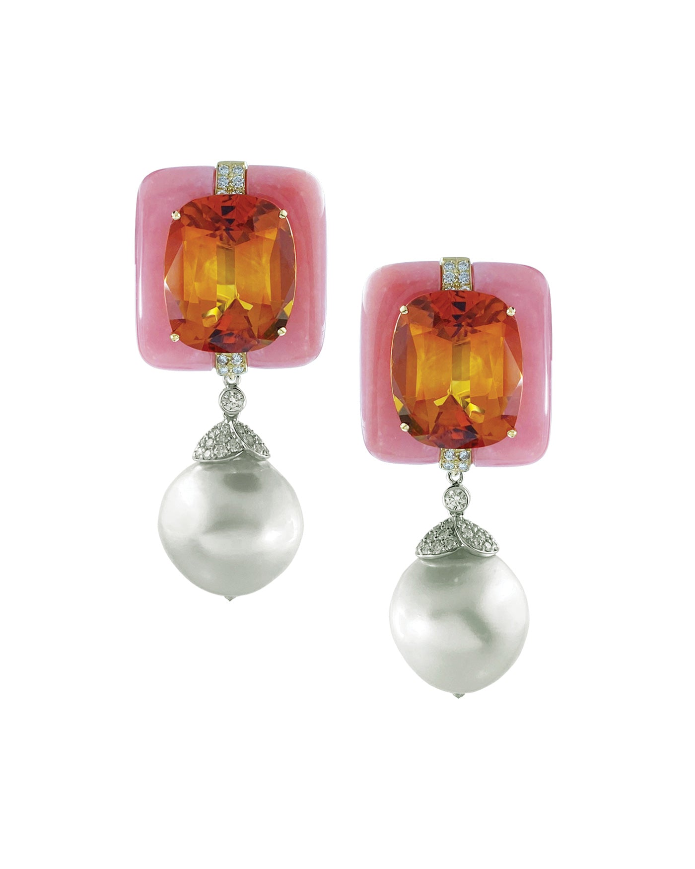 Madeira Citrine & Pink Opal Earrings accented with diamonds, finished by a pair of detachable Australian South Sea pearl drops, crafted in 18 karat yellow and white gold